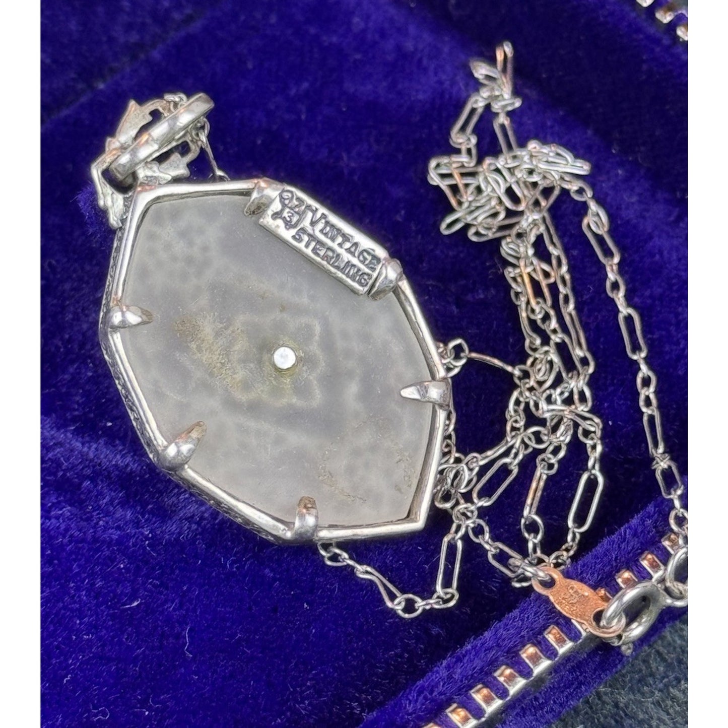 Sterling Camphor Glass Necklace Art Deco Style Filigree Pendant 19”