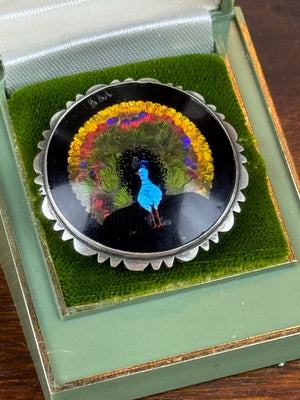 Antique Silver Morpho Butterfly Wing Brooch Peacock Feather 1.25” Round