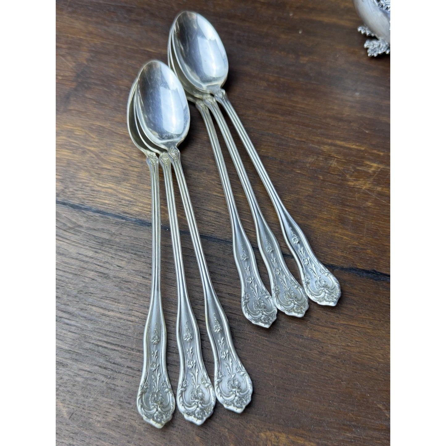 Vintage Extra Coin Silver Plate Iced Tea Spoons Set 6 Floral 7.5”