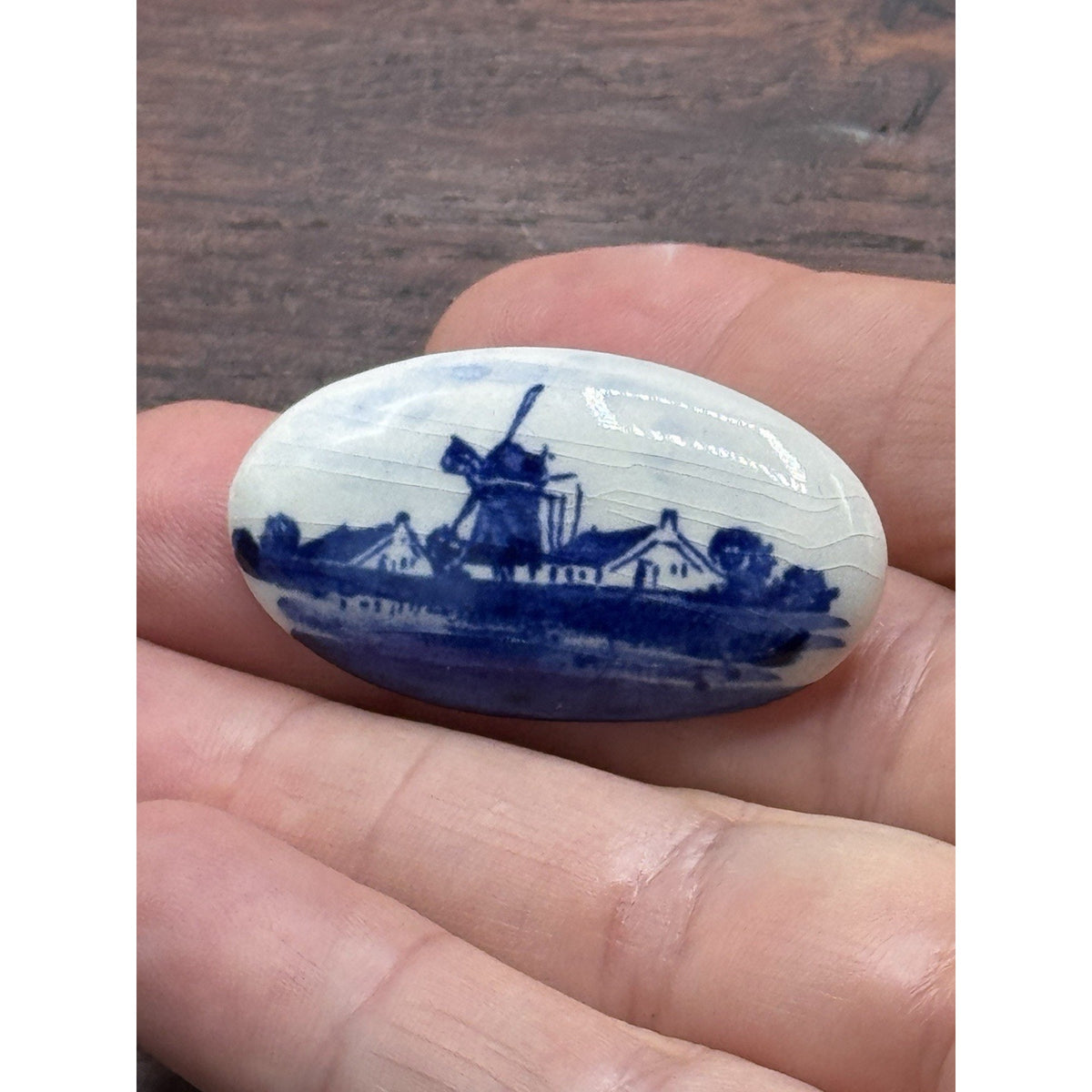 Vintage Brooch Delft Style Porcelain Windmill Landscape Holland 1.5” x .75”