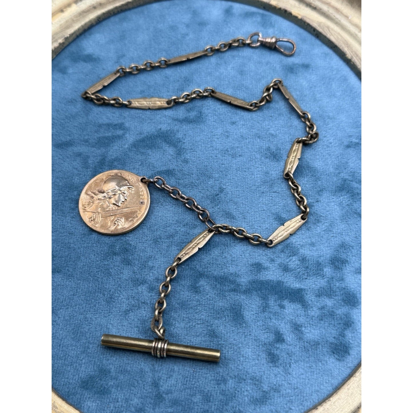 Antique Pocket Watch Chain Verdun Medal WWI 1916 France Exonumia T Bar 14.5”