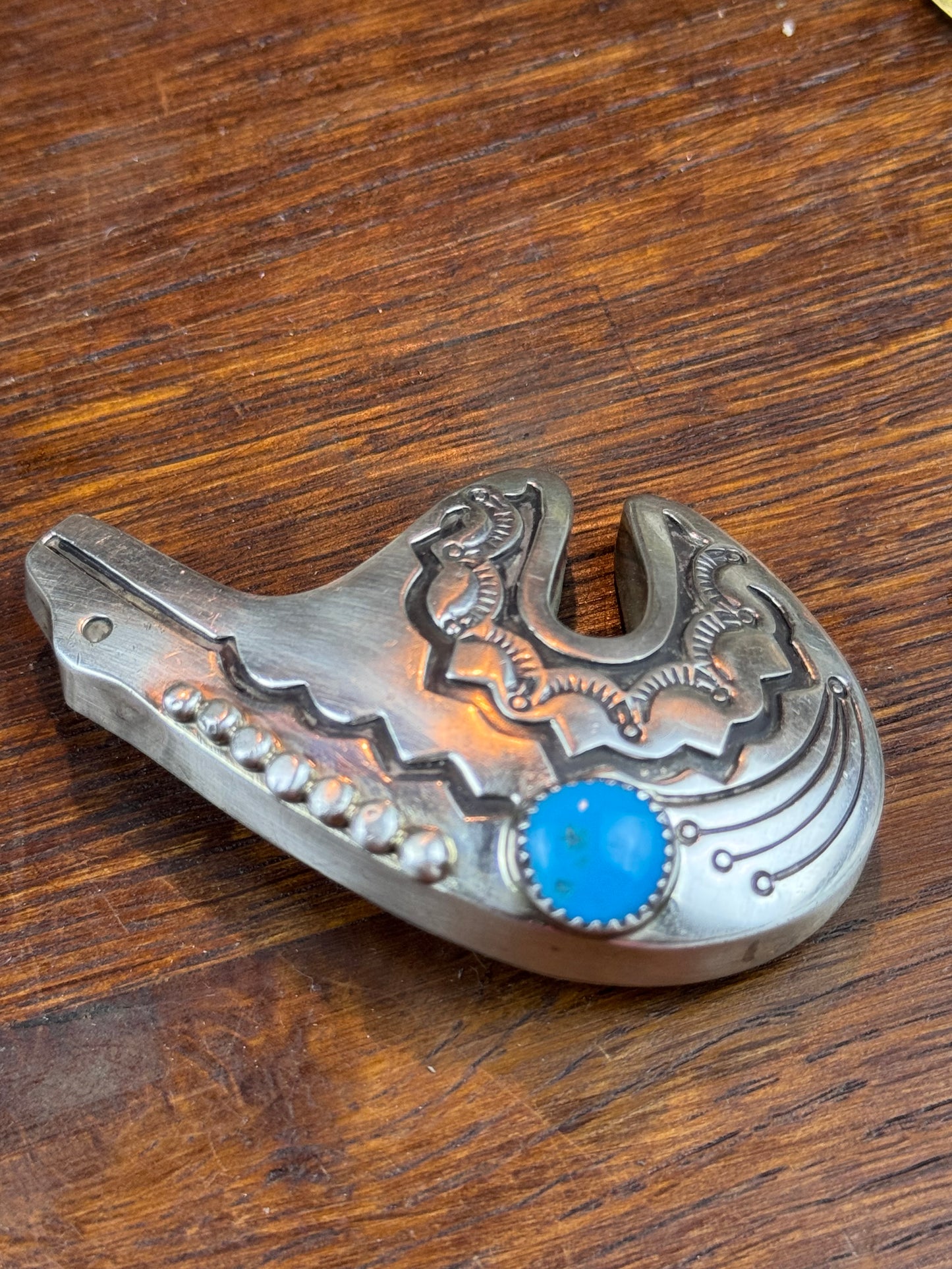 Navajo Jerry Roan Sterling Silver Turquoise Bear Lariat Pendant Vintage 2.5”