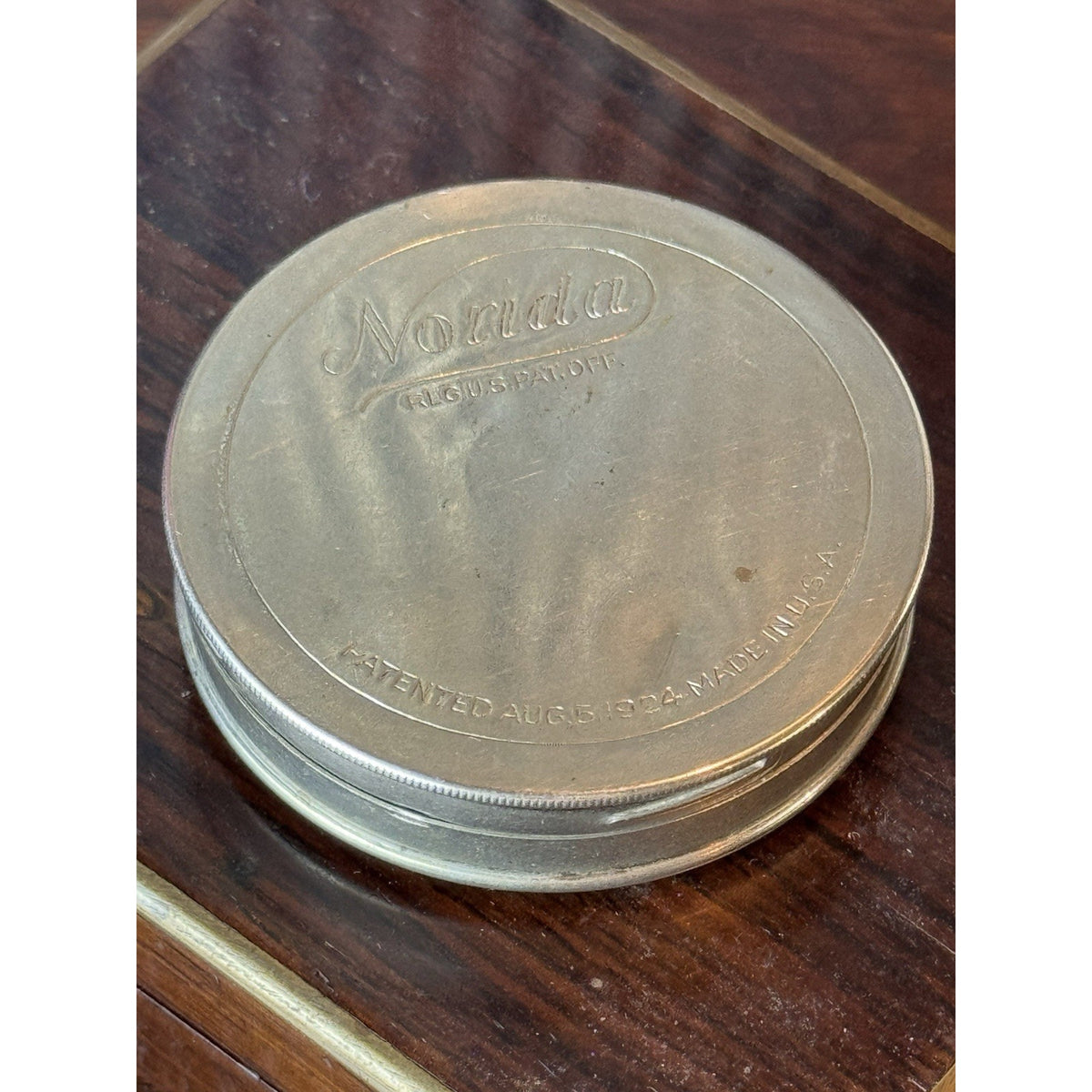 Antique Compact Norida 1924 Silvertone Powder Mirror Sifter Puff USA 2” EMPTY