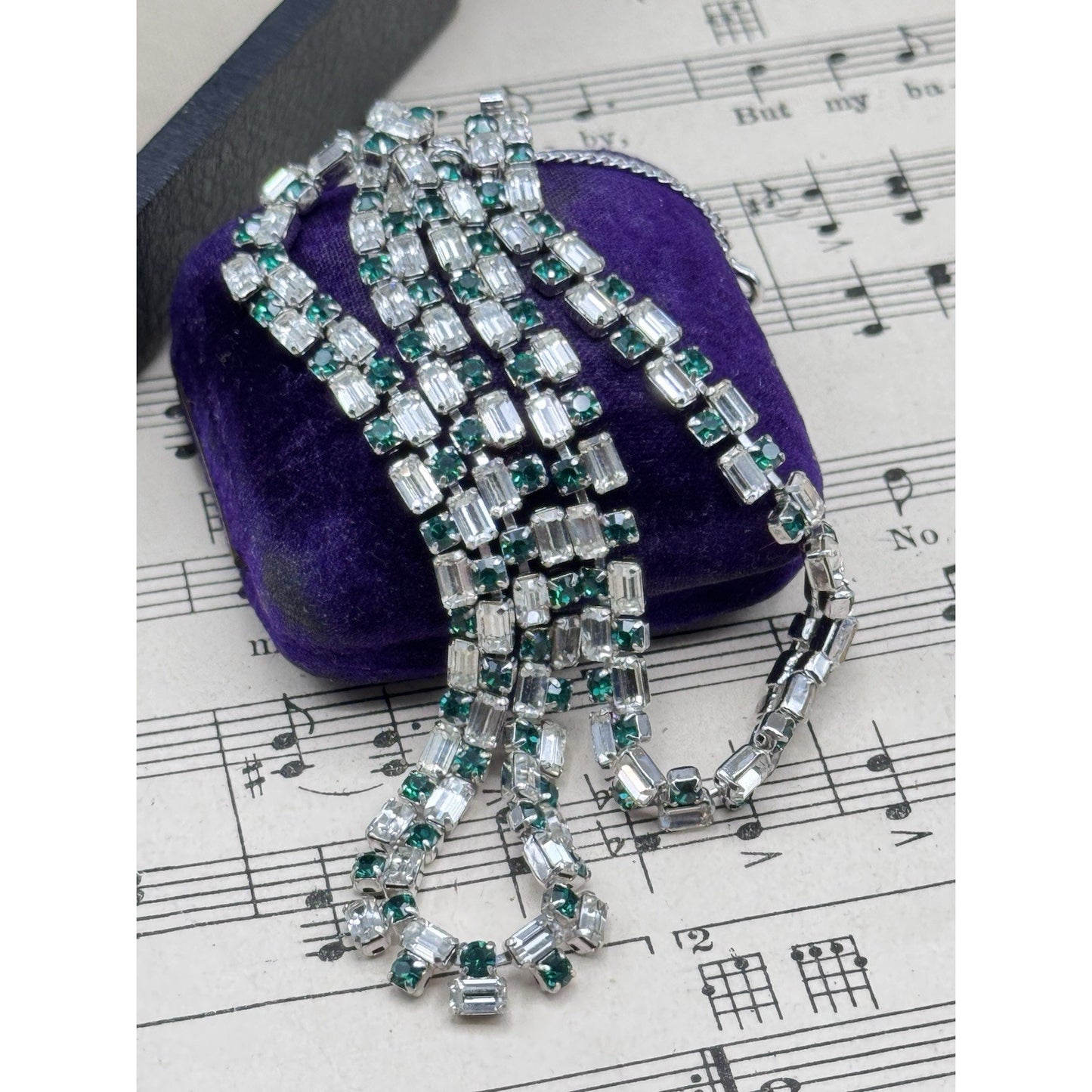 Schoffel Austria Necklace Green Clear Rhinestone Signed Vintage 15.5”
