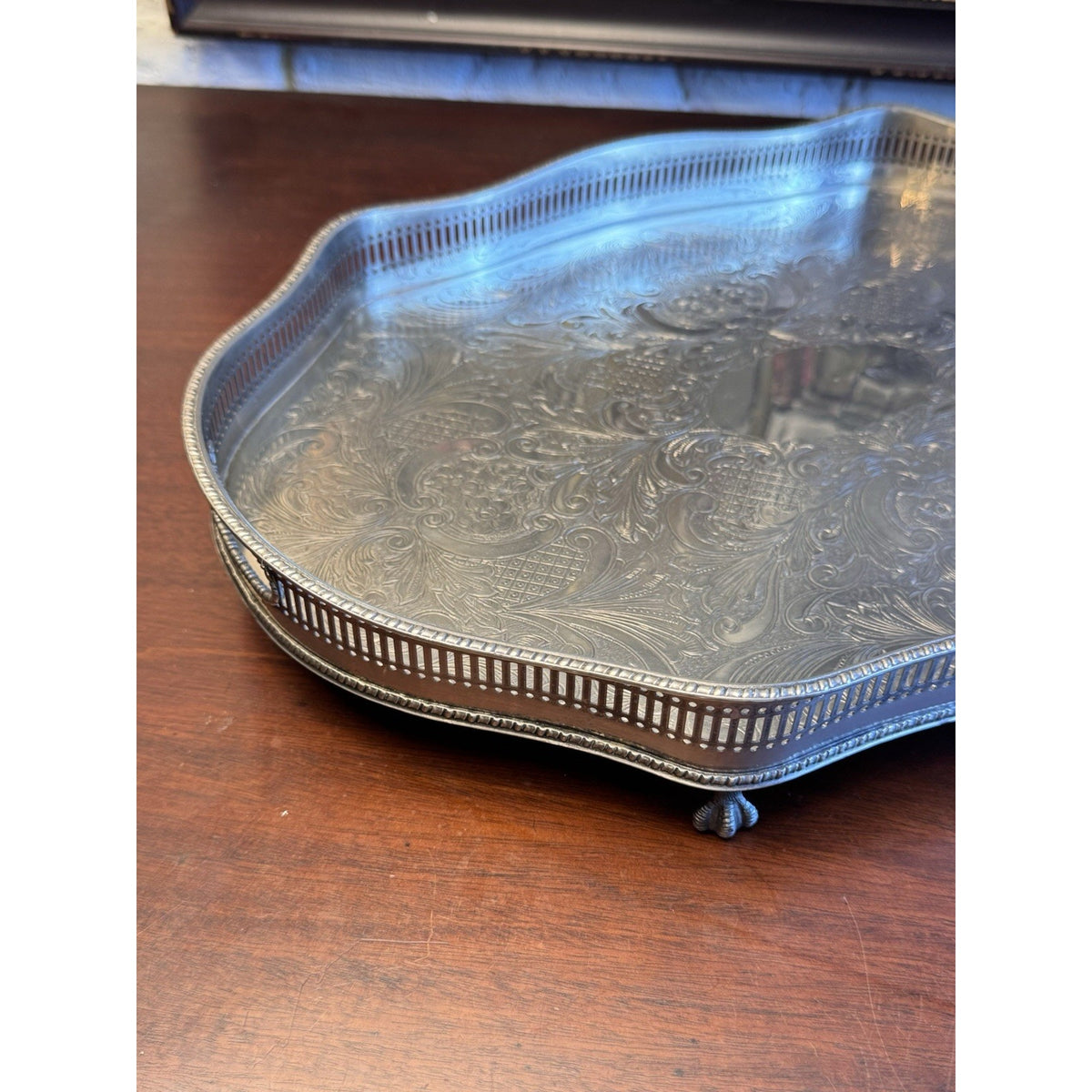 Silverplate Gallery Tray SHEFFIELD Serpentine Reticulated Chased Footed 18”