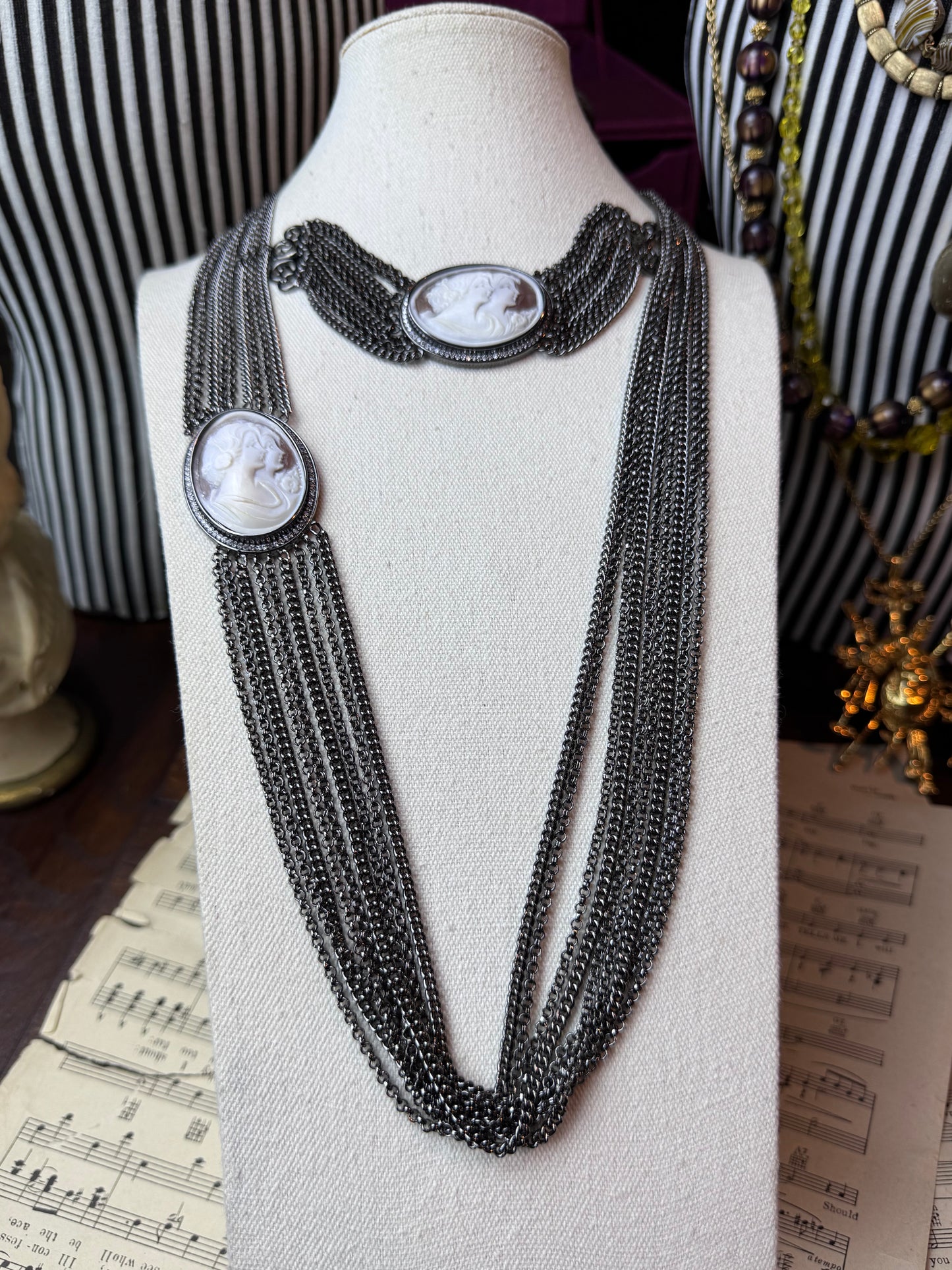 Cameo Necklace 32” & 7.25” Bracelet Gunmetal Multi Strand - Estate Find