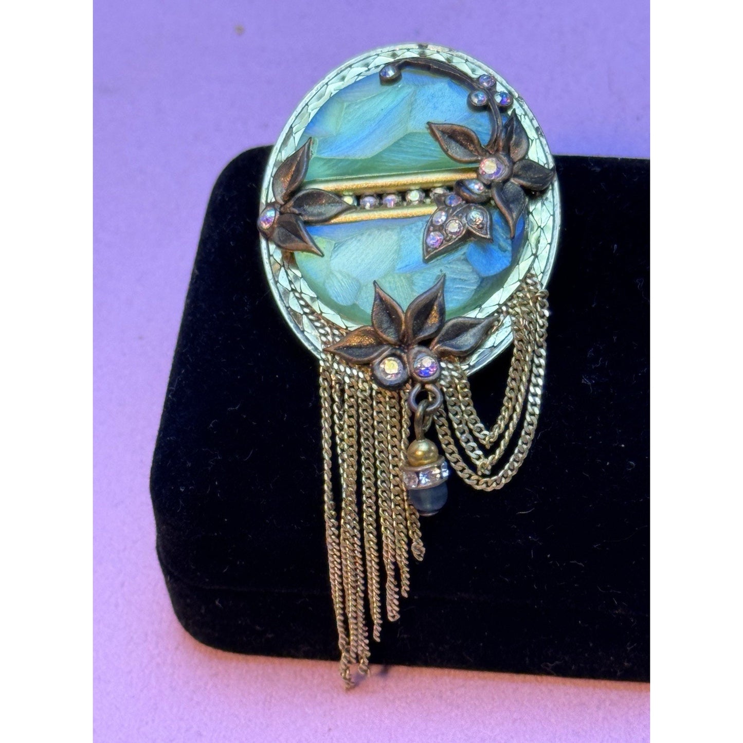 MARENA Germany Brooch Pendant Art Nouveau Revival Tassel Rhinestone Goldtone
