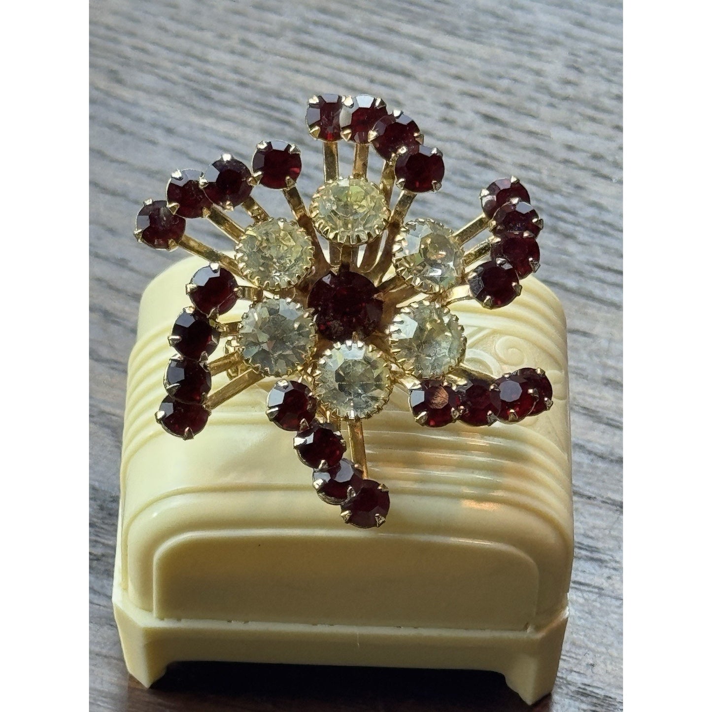 Vintage Brooch 2” Red Clear Rhinestone Goldtone Atomic Starburst Statement Pin