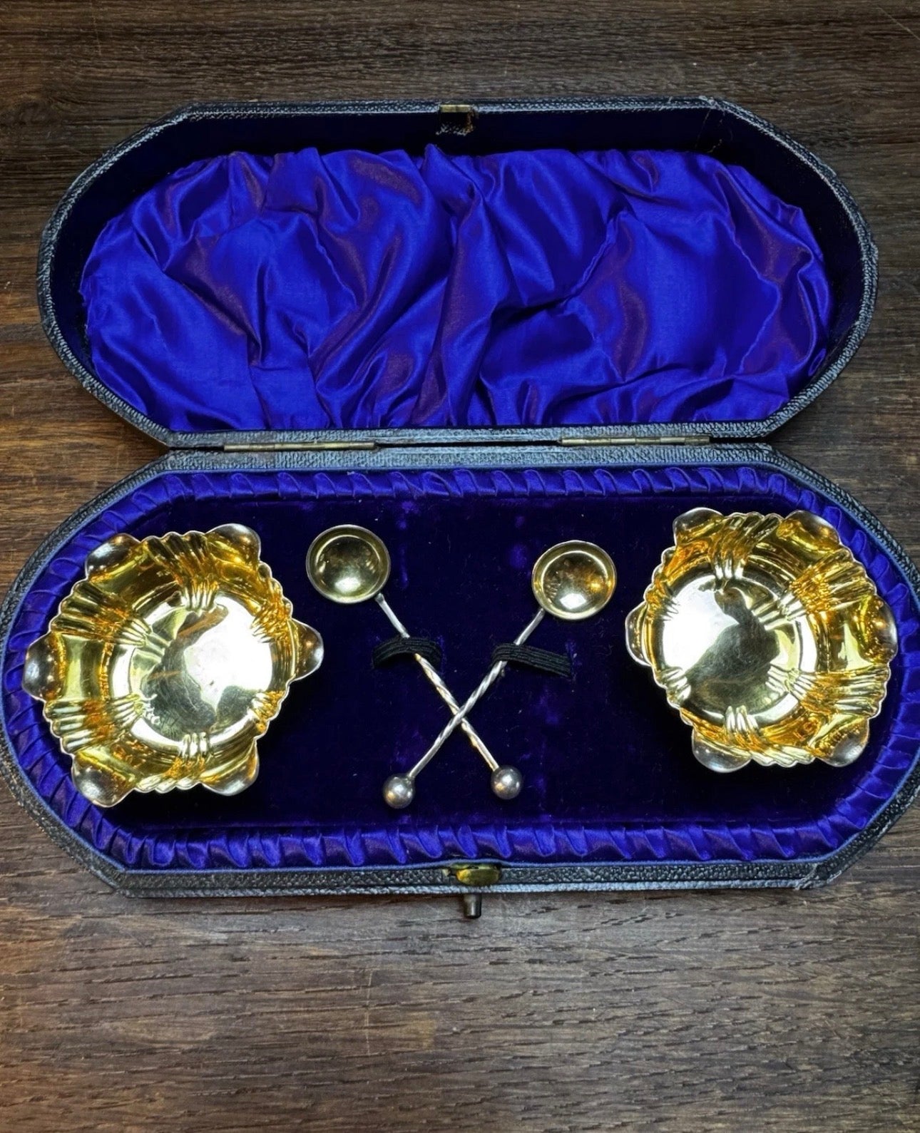 Antique Sterling Salt Cellar Gold Wash Set in Original Case Birmingham 1902