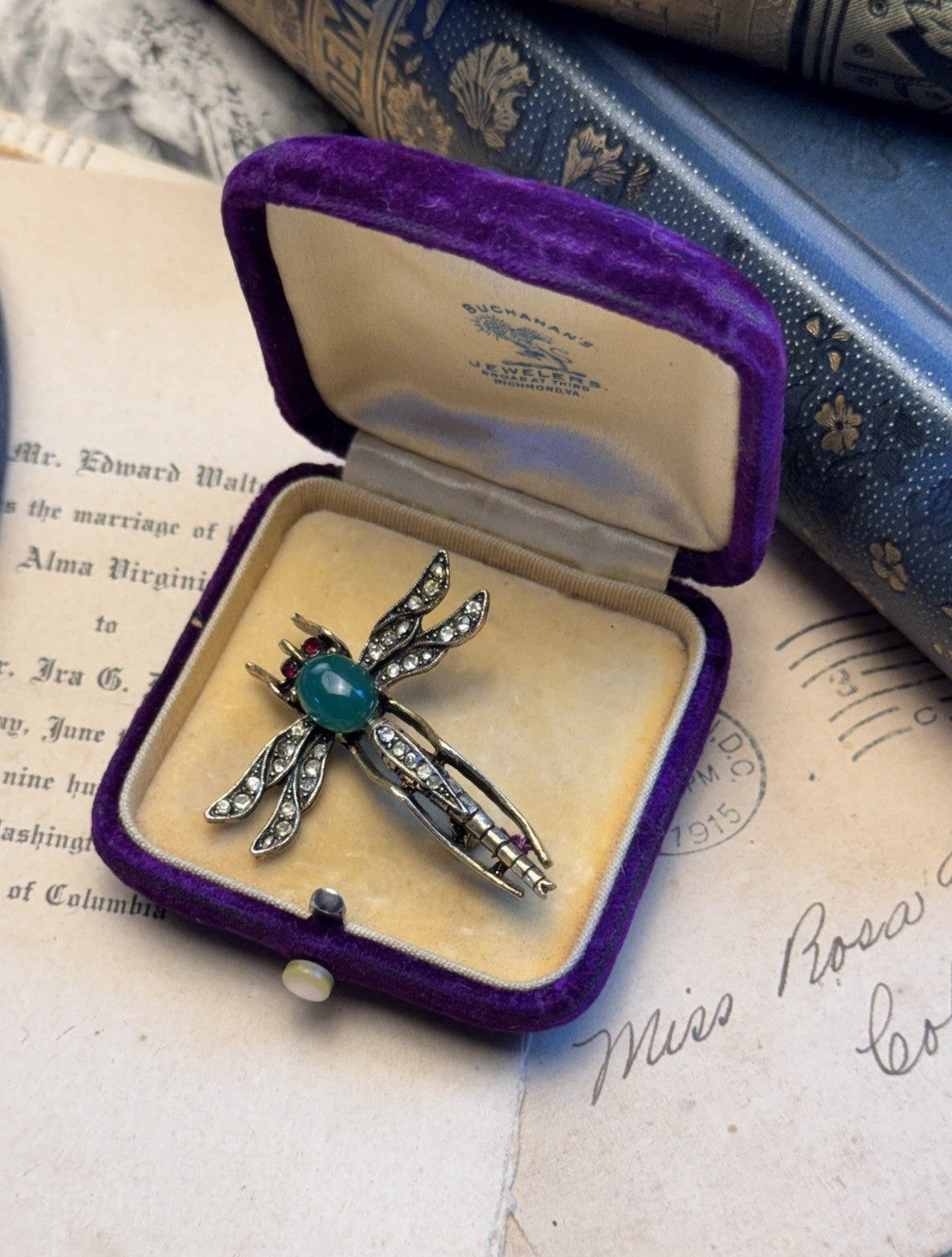 Dragonfly Brooch ART Signed Green Cabochon Rhinestone Goldtone Vintage Pin 1.75”