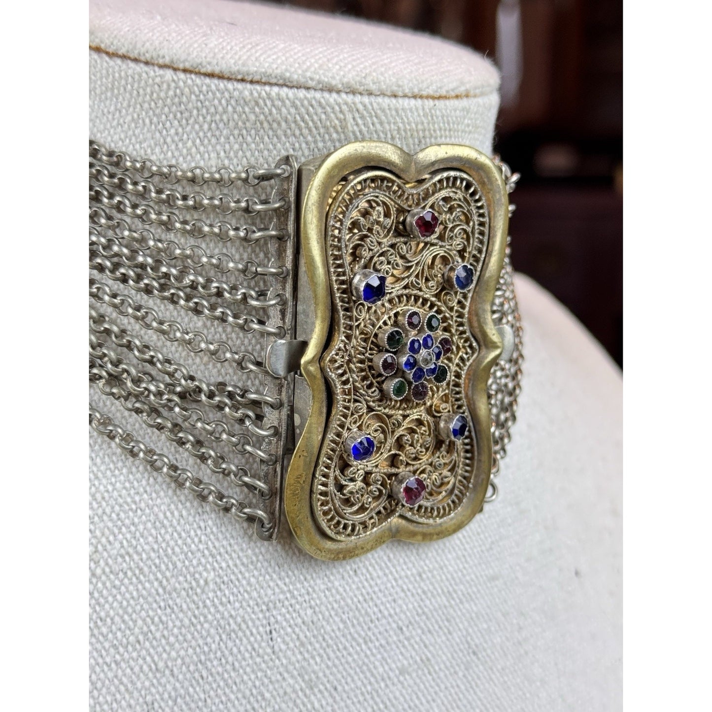 Vintage Trachten Choker Necklace 12 Strand Rhinestone Filigree Brass 13”
