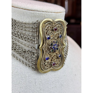 Vintage Trachten Choker Necklace 12 Strand Rhinestone Filigree Brass 13”