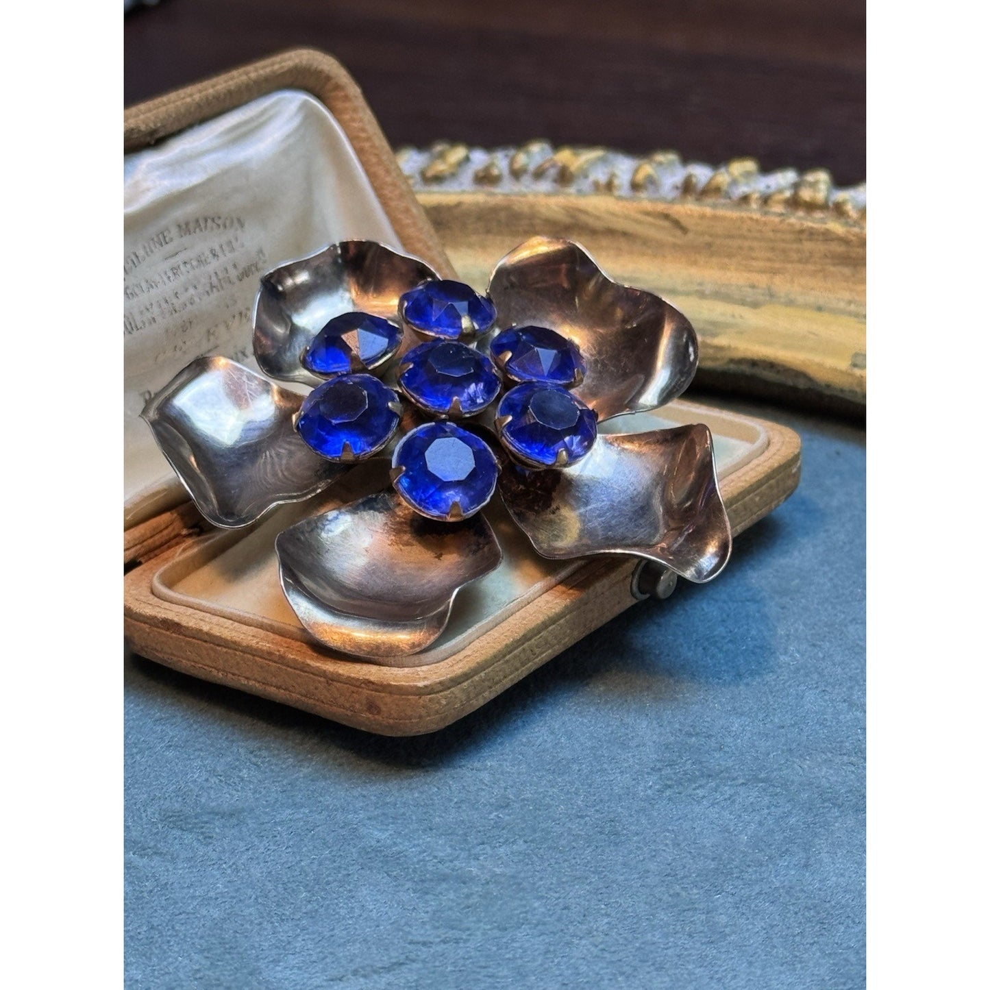 Vintage Sterling Vermeil Flower Brooch With Cobalt Blue Rhinestones