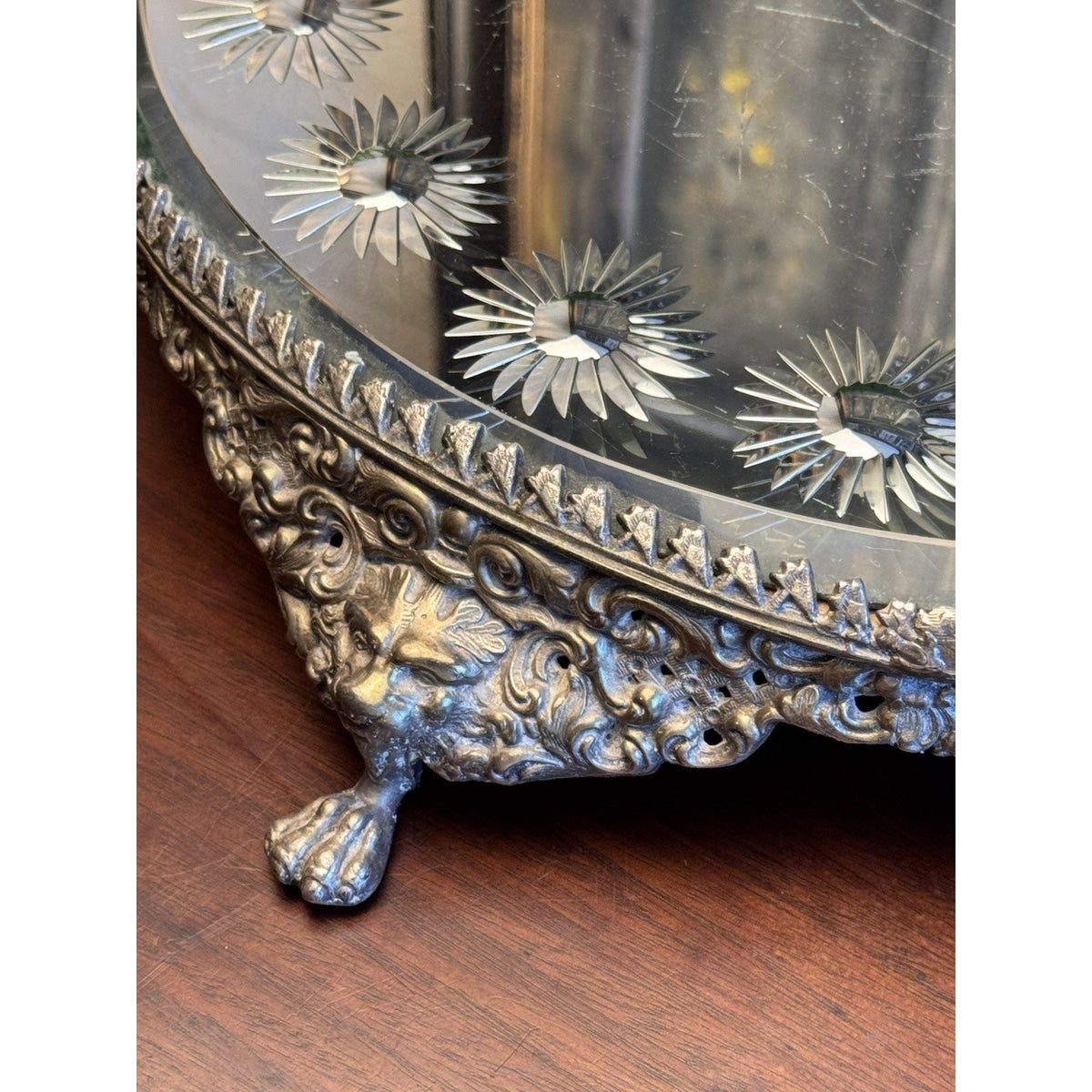 Mirror Plateau Ornate Silvertone Lion Head Paws Beveled Round Top SCRATCHED