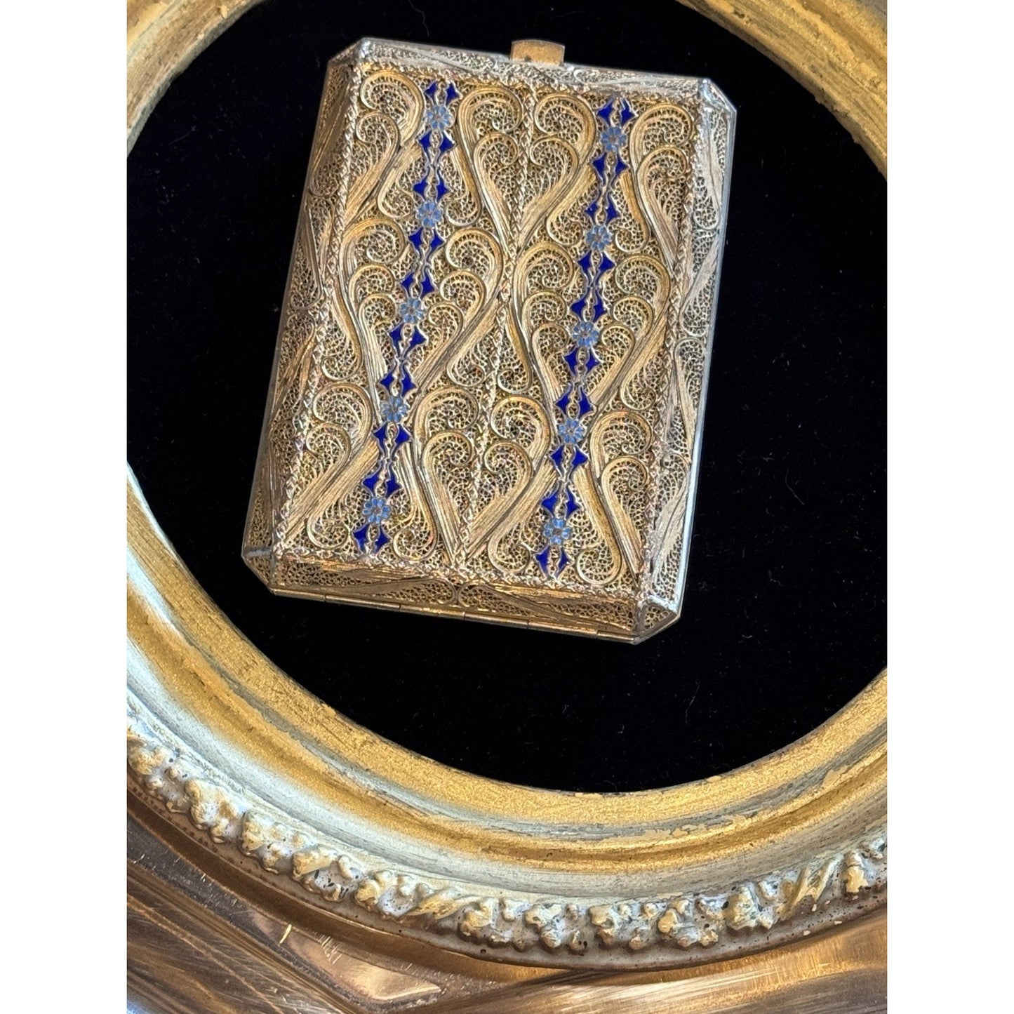 Vintage Cannetille Silver  Case Blue Enamel Gilt - Business Card Holder-