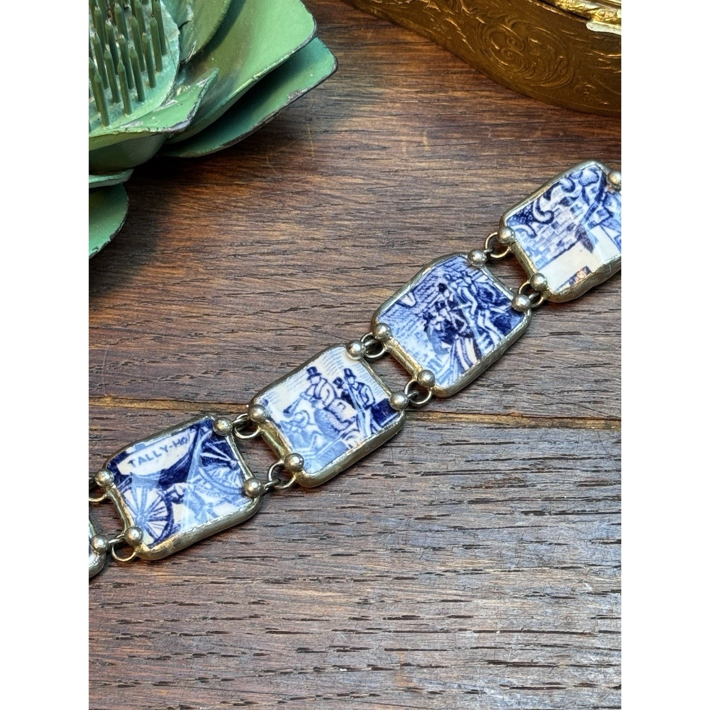 Handmade Porcelain Bracelet Blue White Tally Ho Horse Scene 6.5” Vintage 1990s