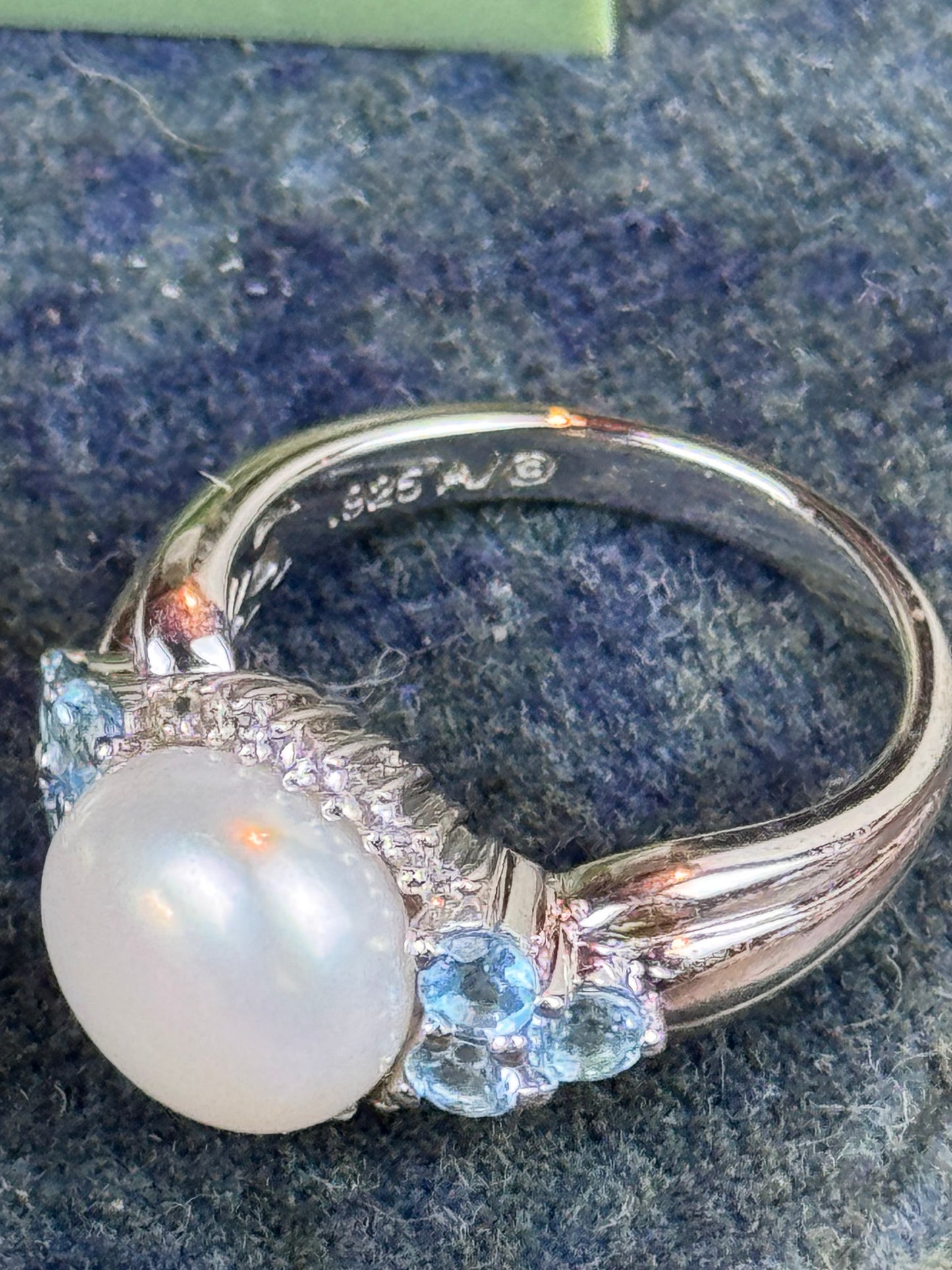 Vintage Sterling Silver Pearl Blue Stone Ring 6.75 & Earrings Set 925