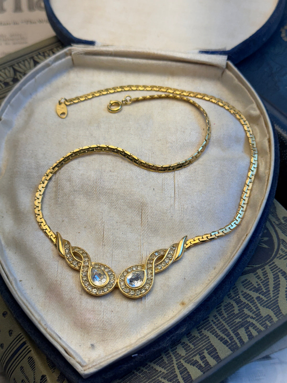 Vintage Trifari TM Necklace Goldtone Clear Crystals Signed 80s Couture
