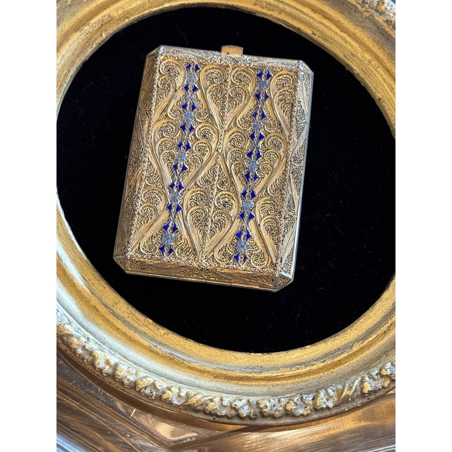 Vintage Cannetille Silver  Case Blue Enamel Gilt - Business Card Holder-