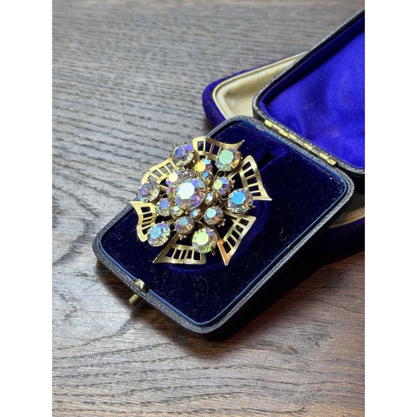 Vintage AB Rhinestone Brooch Goldtone Atomic Starburst 2”