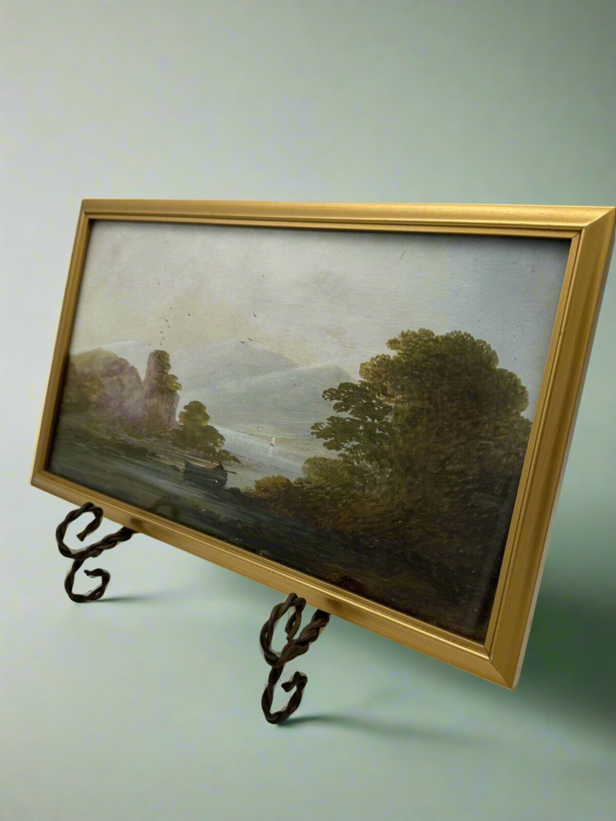 Vintage Small Oil Landscape On Board Framed Behind Glass Circa 12” X 7.5”