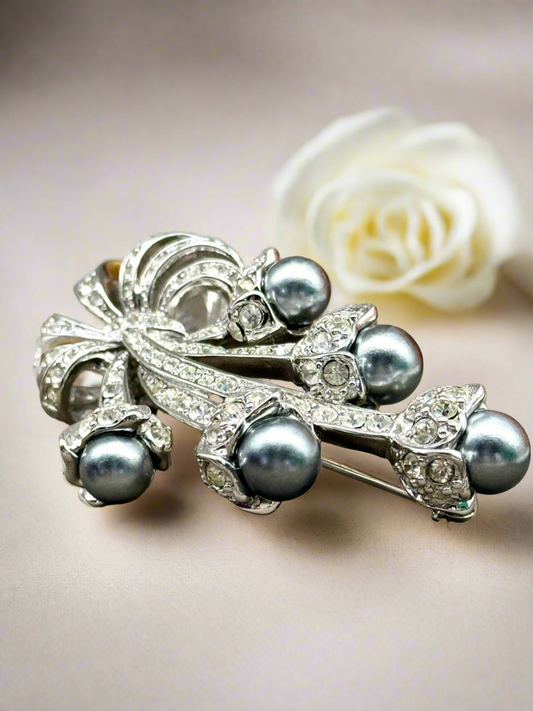 Nolan Miller Faux Grey Pearl Clear Rhinestone Brooch In Box ESTATE FIND