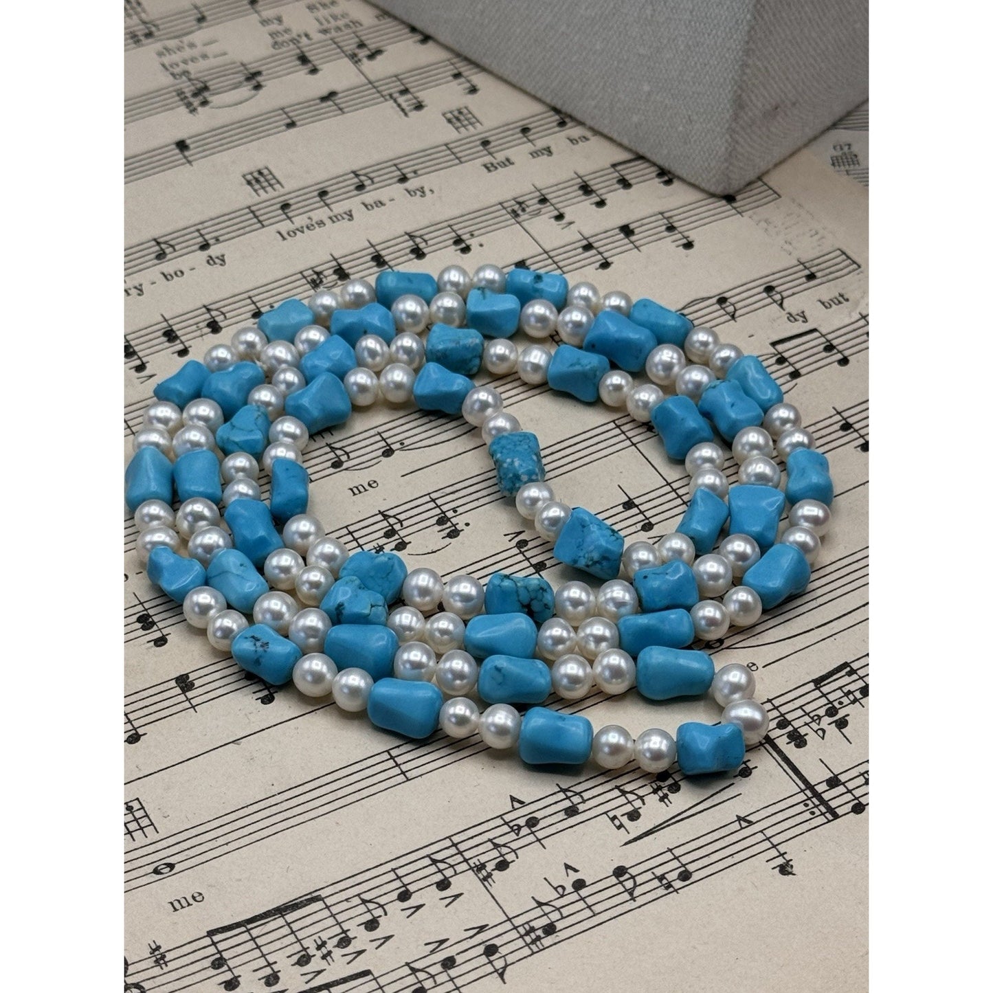 Cultured Pearl Blue/Green Stone Long Necklace 41” ESTATE FIND