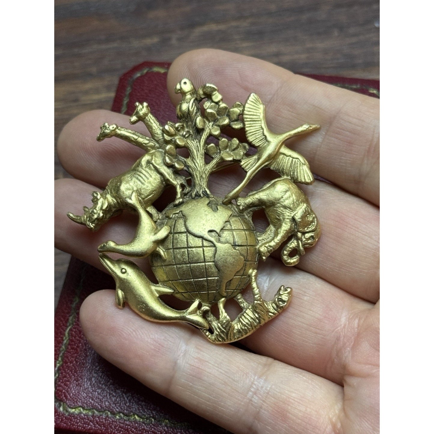 Vintage Brooch AJC Animal Kingdom Globe Goldtone World Wildlife