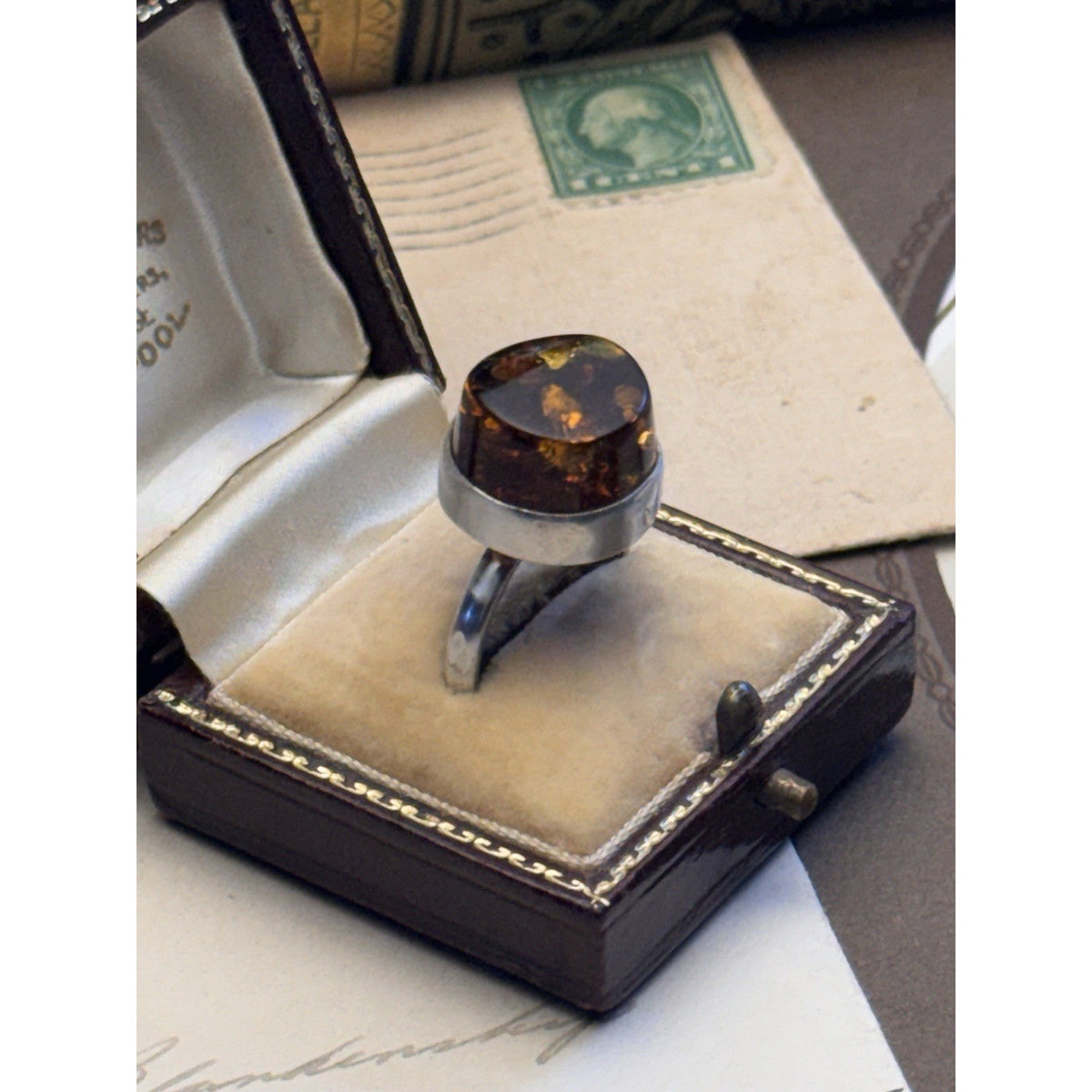 Artisan Amber Ring Tested Silver Modernist Statement Jewelry Size 8.5