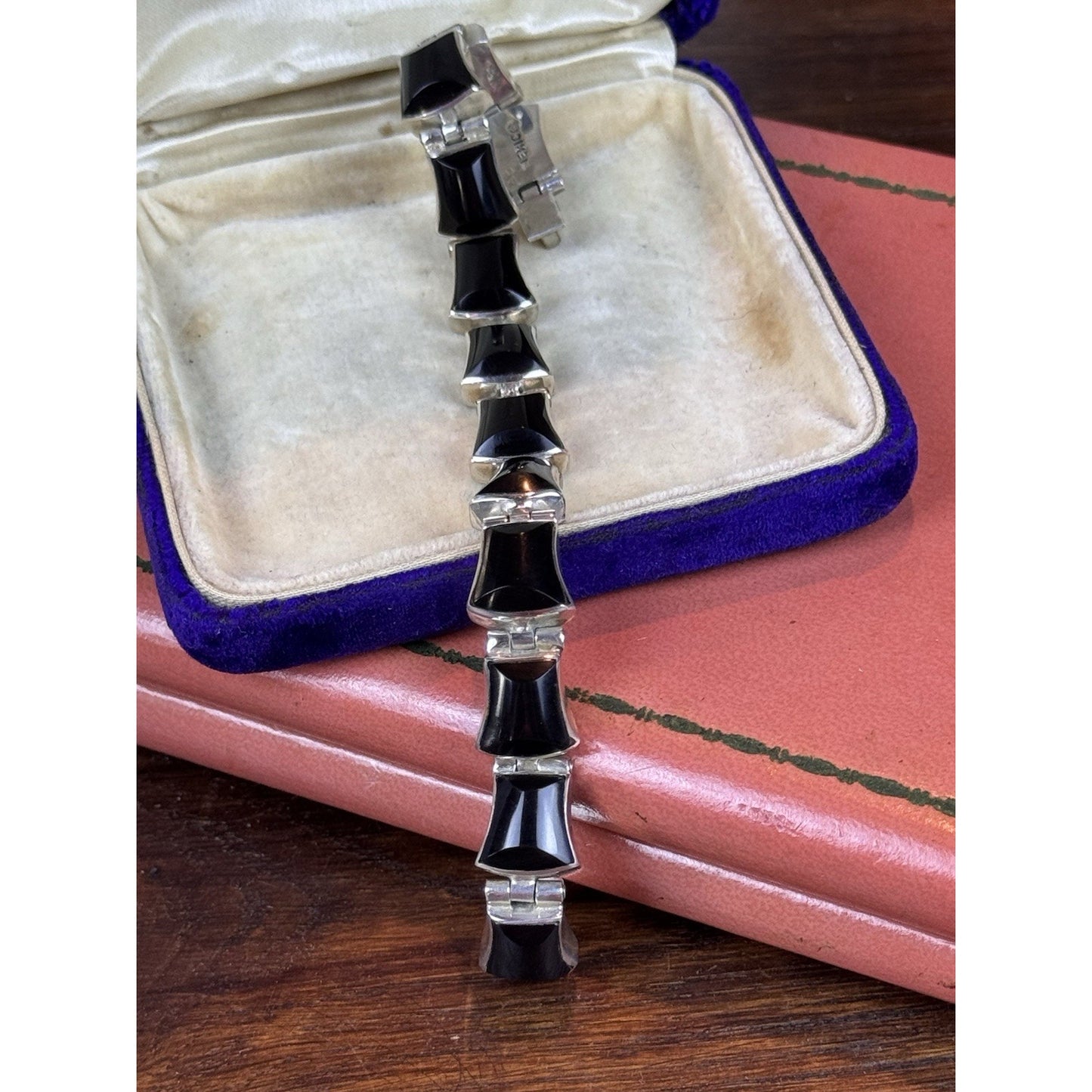 Vintage Mexico 950 Silver Bracelet Black Onyx Articulated Link 7” Modernist