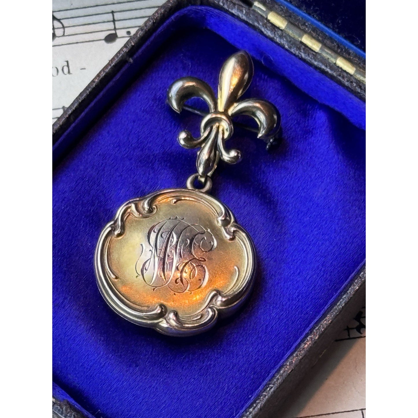 Antique Gold-Filled Locket Fleur De Lys Brooch Pin Monogram Photo 1”