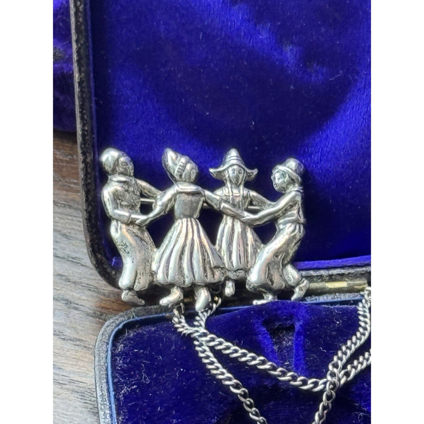 Vintage Dutch Dancers Chatelaine Brooch Silver Kissing Couple 1.38”