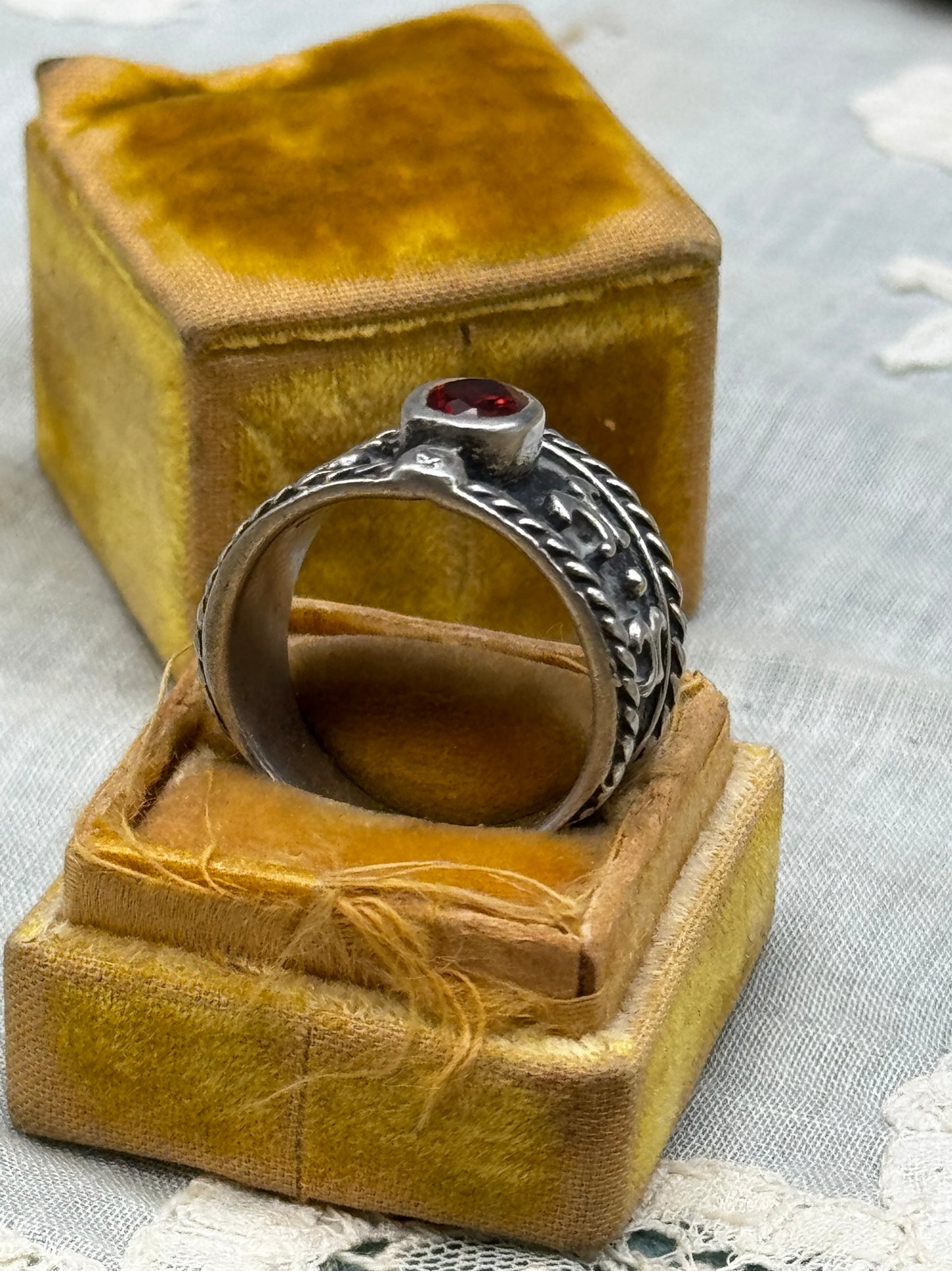 Sterling Silver Garnet Tone Ring Size 7.5 Wide Band Gothic Style 925
