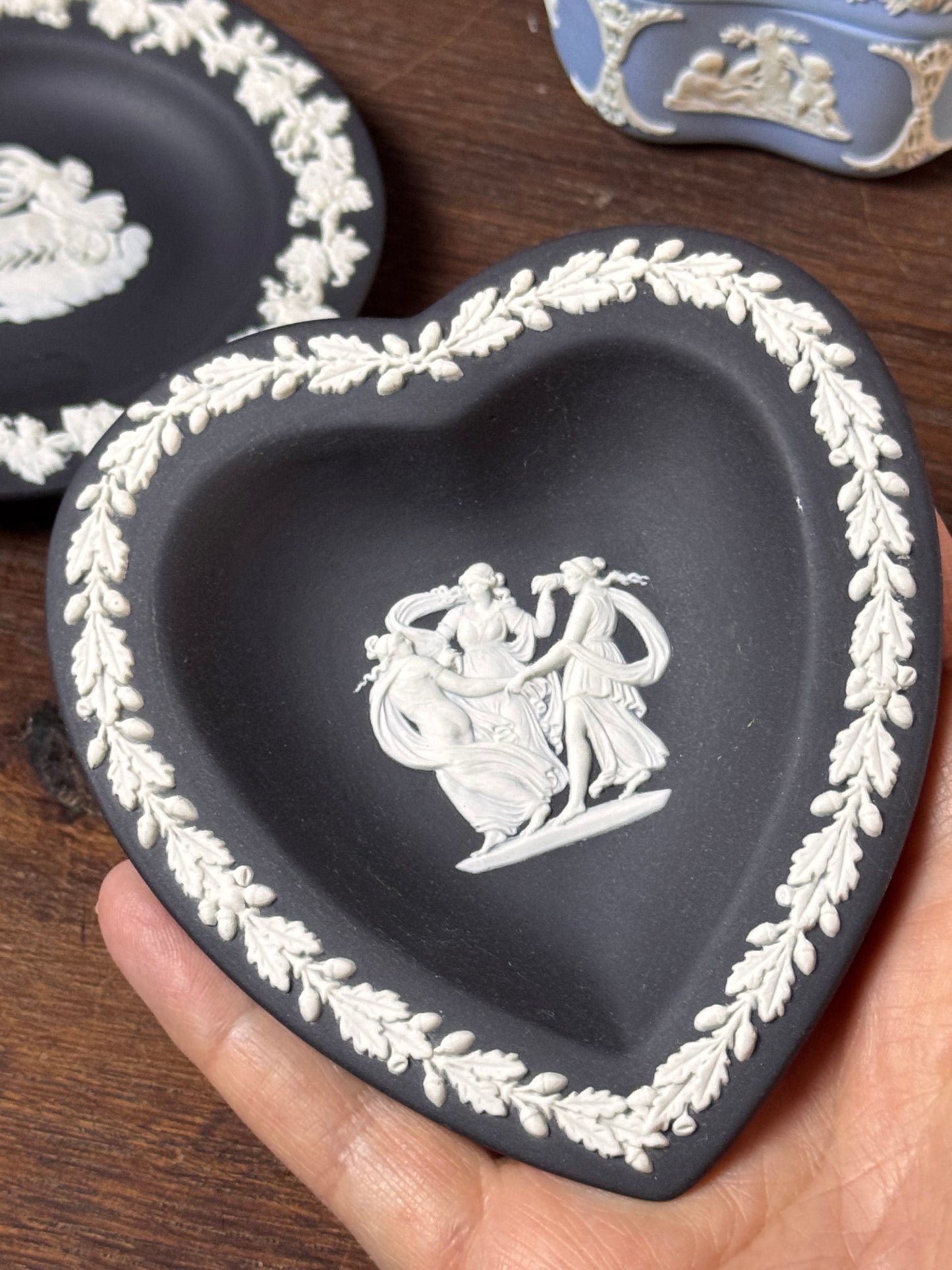 Vintage Wedgwood Jasperware Heart Dish Black White Three Graces 4.5”