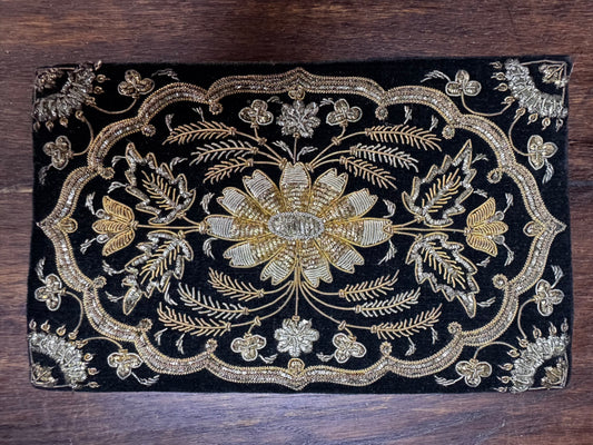 Vintage Indian Velvet Embroidered Clutch Evening Bag Goldwork 8”