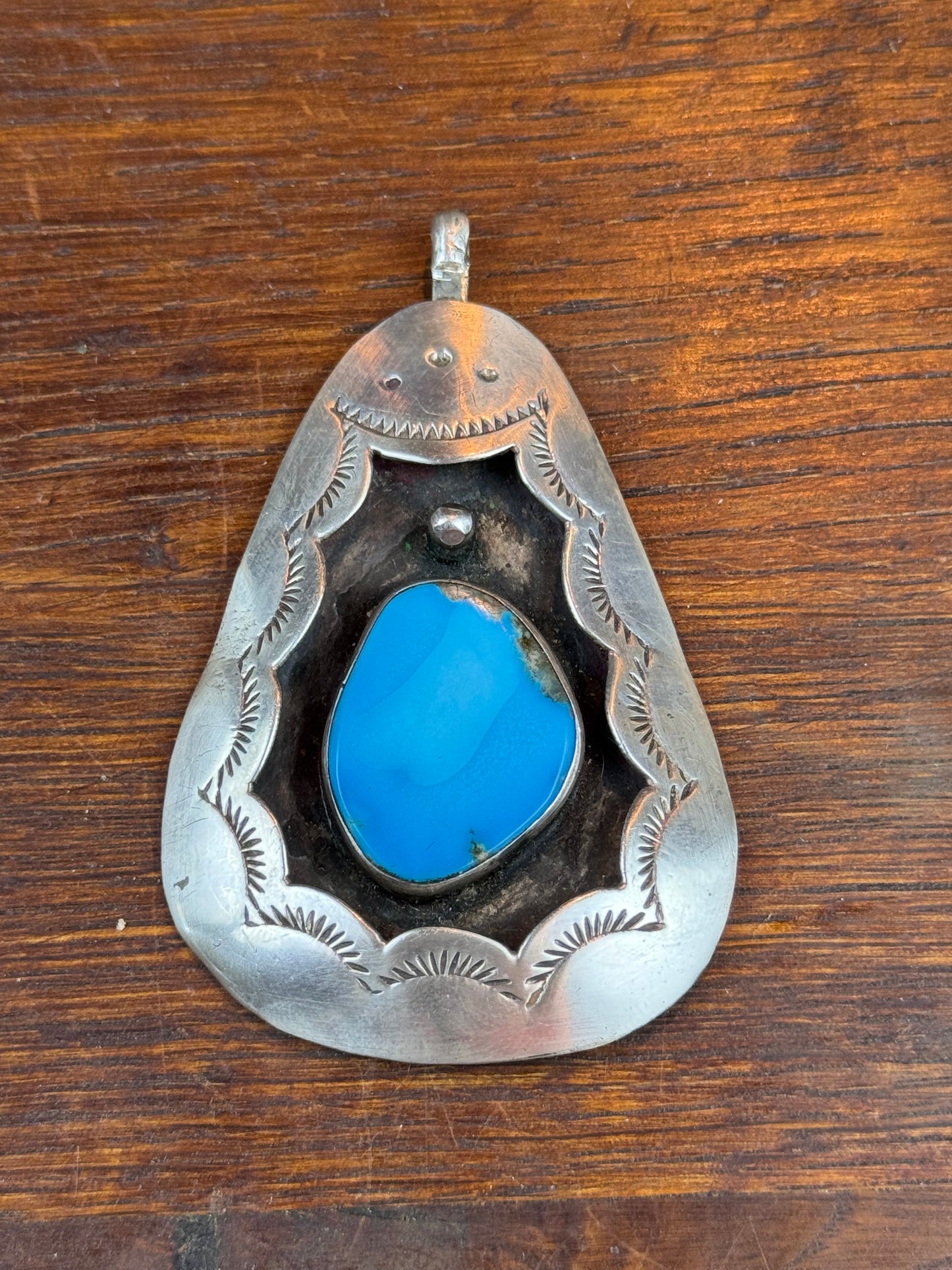 Vintage Silver Turquoise Pendant Signed Ashley Southwestern Large 2.5”
