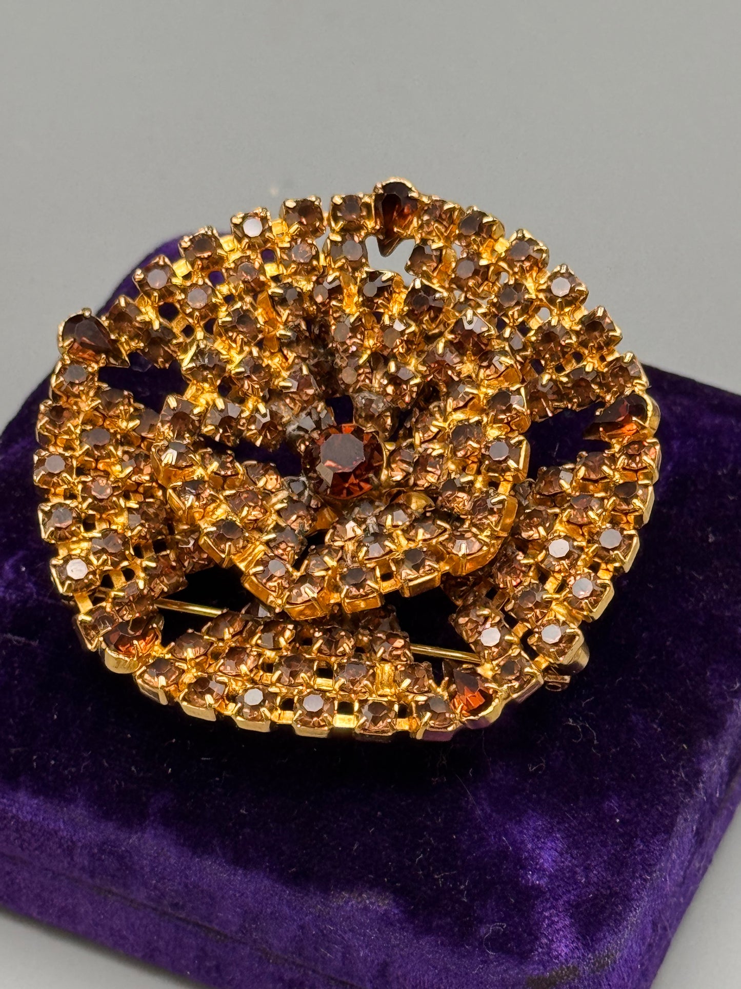 Vintage Topaz Rhinestone Brooch Goldtone Layered Statement Pin 2.5” Large