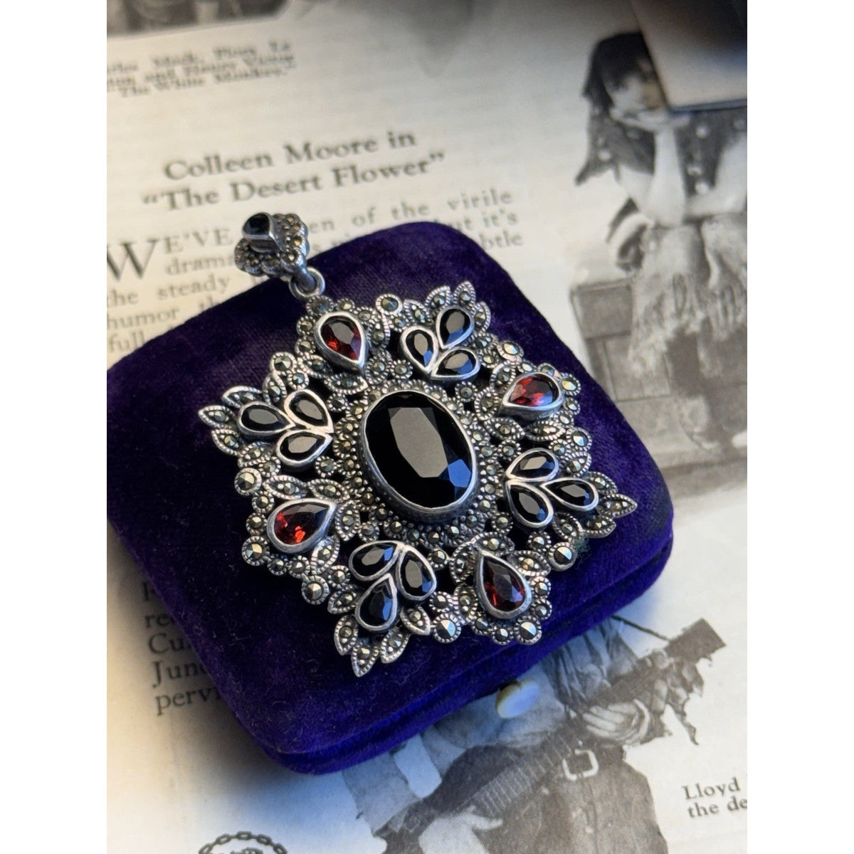 Sterling Silver Pendant Garnet Black Stones Marcasite Victorian Revival 2.25”
