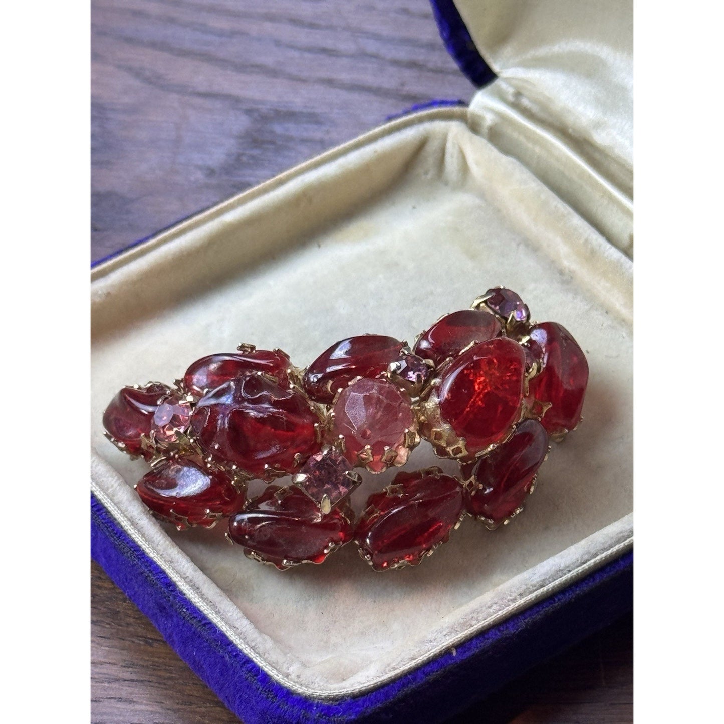 Vintage Brooch Red Lucite 2.25” Goldtone Crescent Cabochon Rhinestone Cluster