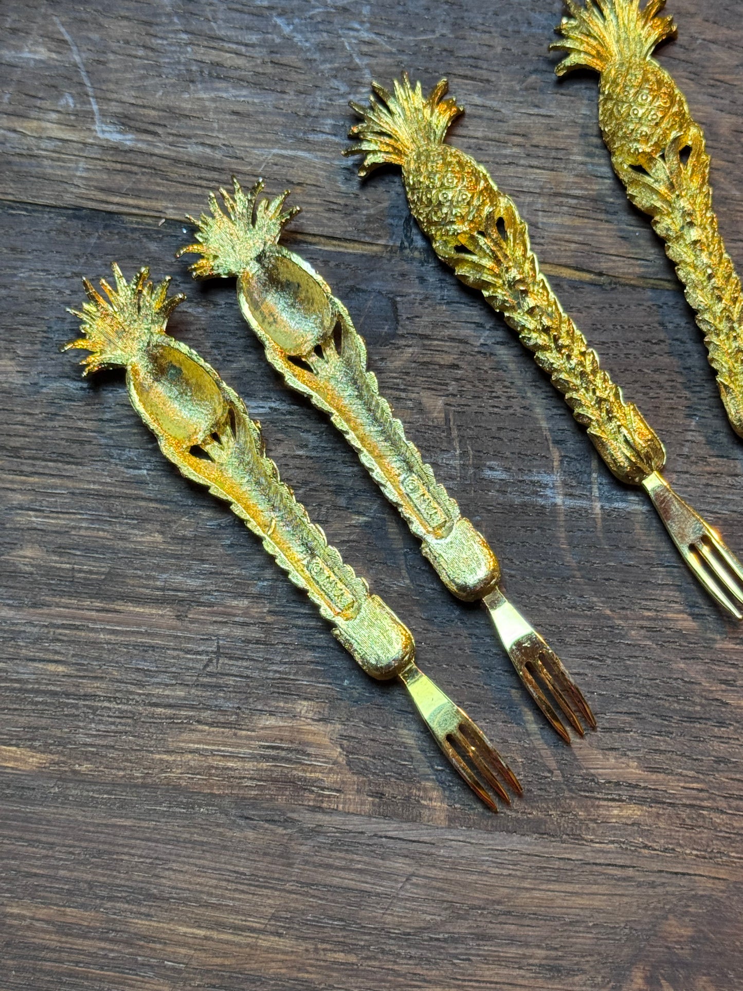 Vintage Canapé Fork Set 24kt Gold Plated Janis Collection 6 Pineapple Design 4”