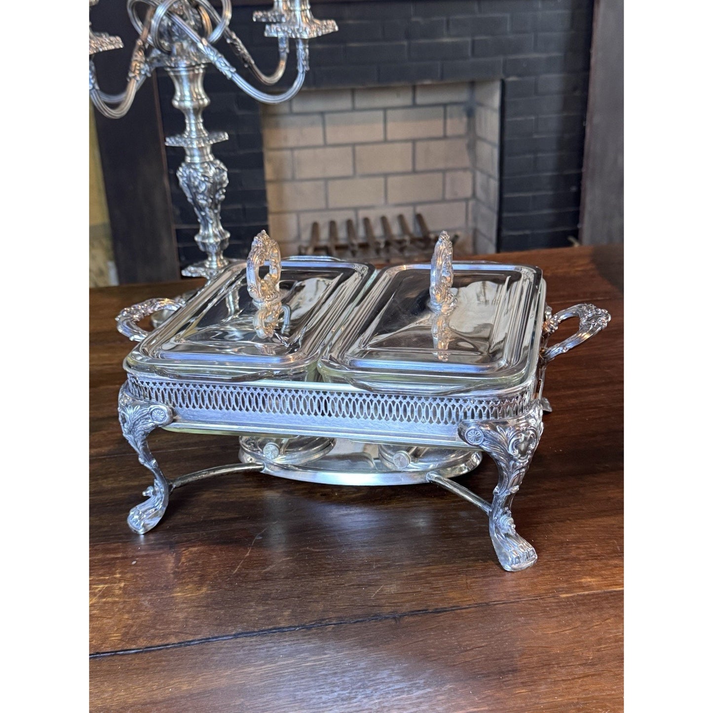 Silverplate Double Chafing Dish Warmer with Two Fire-King 1 Qt Covered Dishes