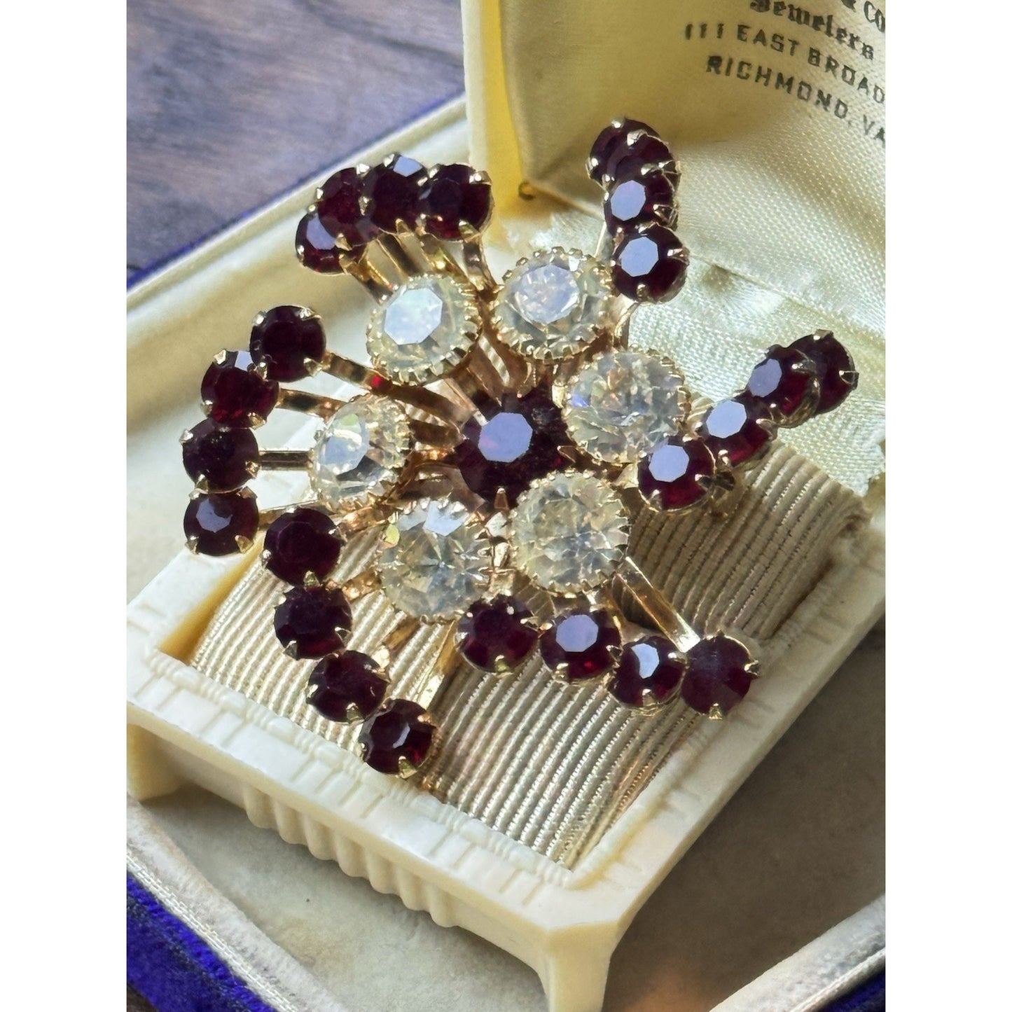 Vintage Brooch 2” Red Clear Rhinestone Goldtone Atomic Starburst Statement Pin