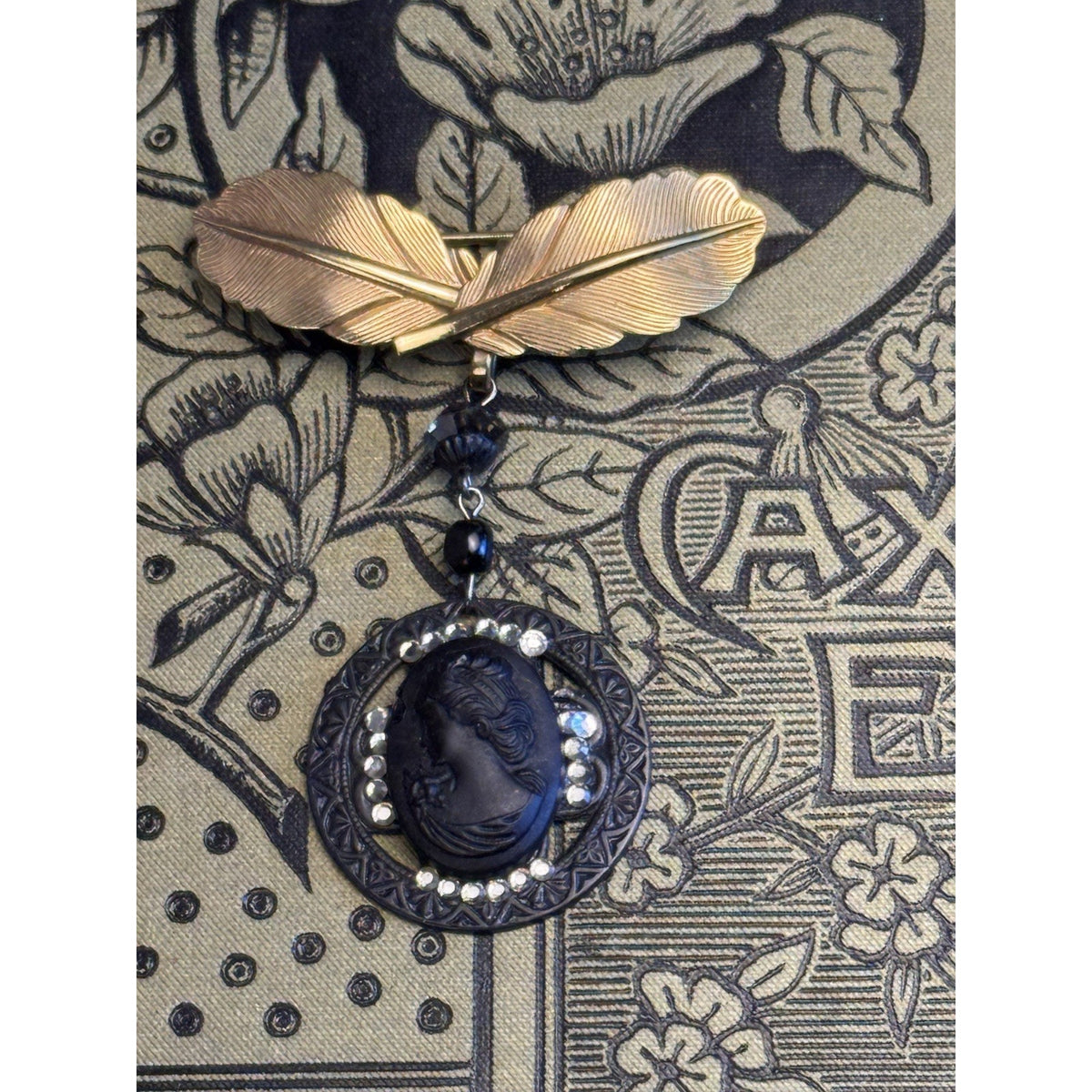 Cameo Brooch Gold Filled Hook Black Rhinestone Pendant Vintage 2.25” x 1.75”