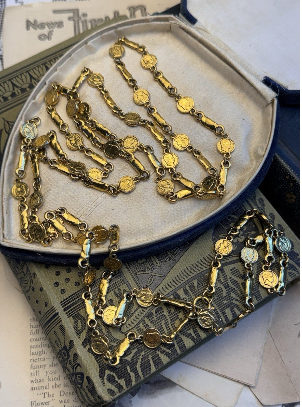 Goldtone Necklace Napoleon Coin Bar Link Chain Vintage Long Layering Sautoir 62”