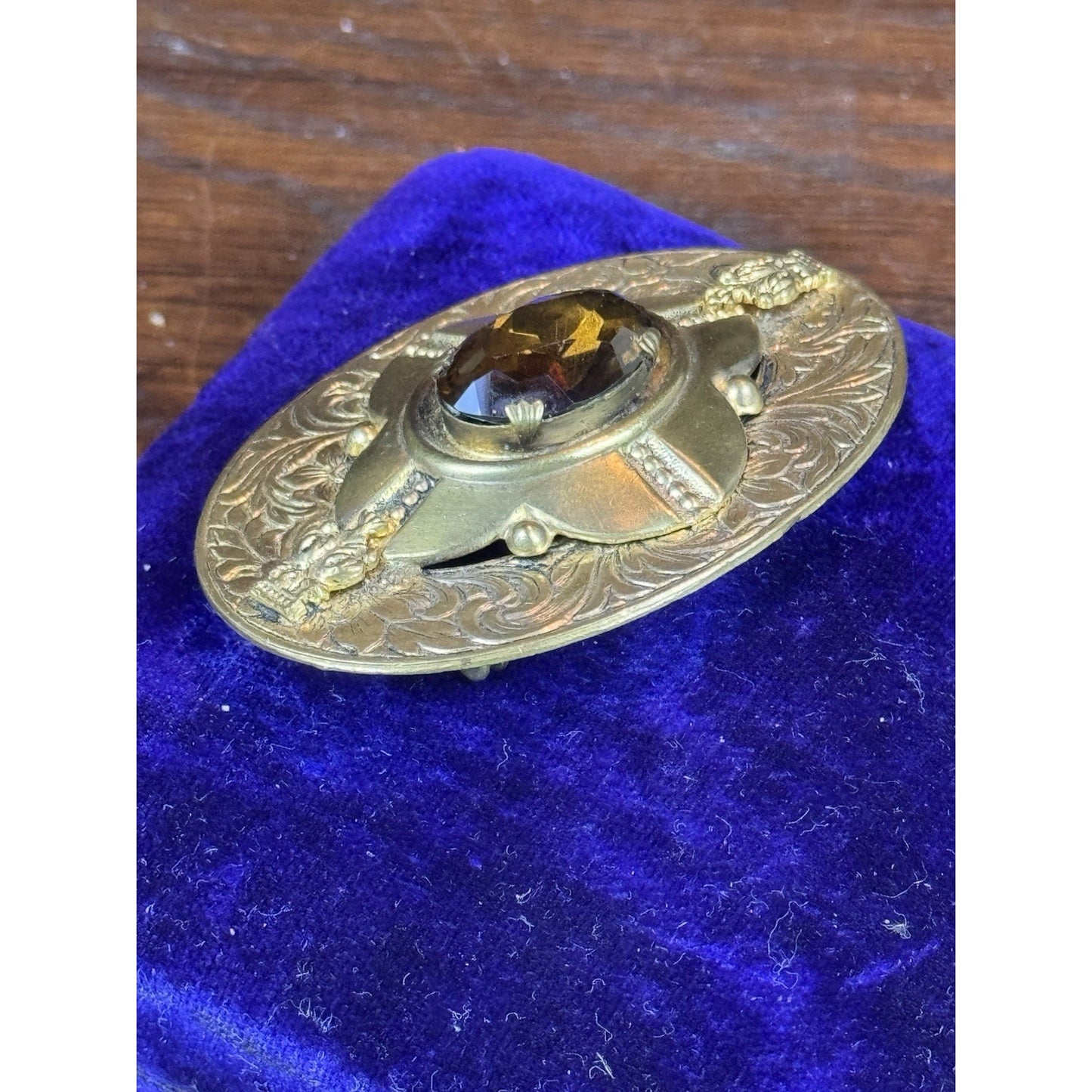 Vintage Brooch Brass Brown Glass Victorian Revival Ornate Oval 2.25”