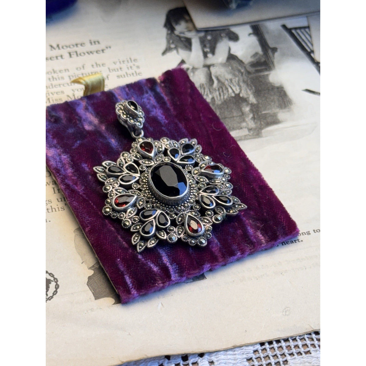 Sterling Silver Pendant Garnet Black Stones Marcasite Victorian Revival 2.25”