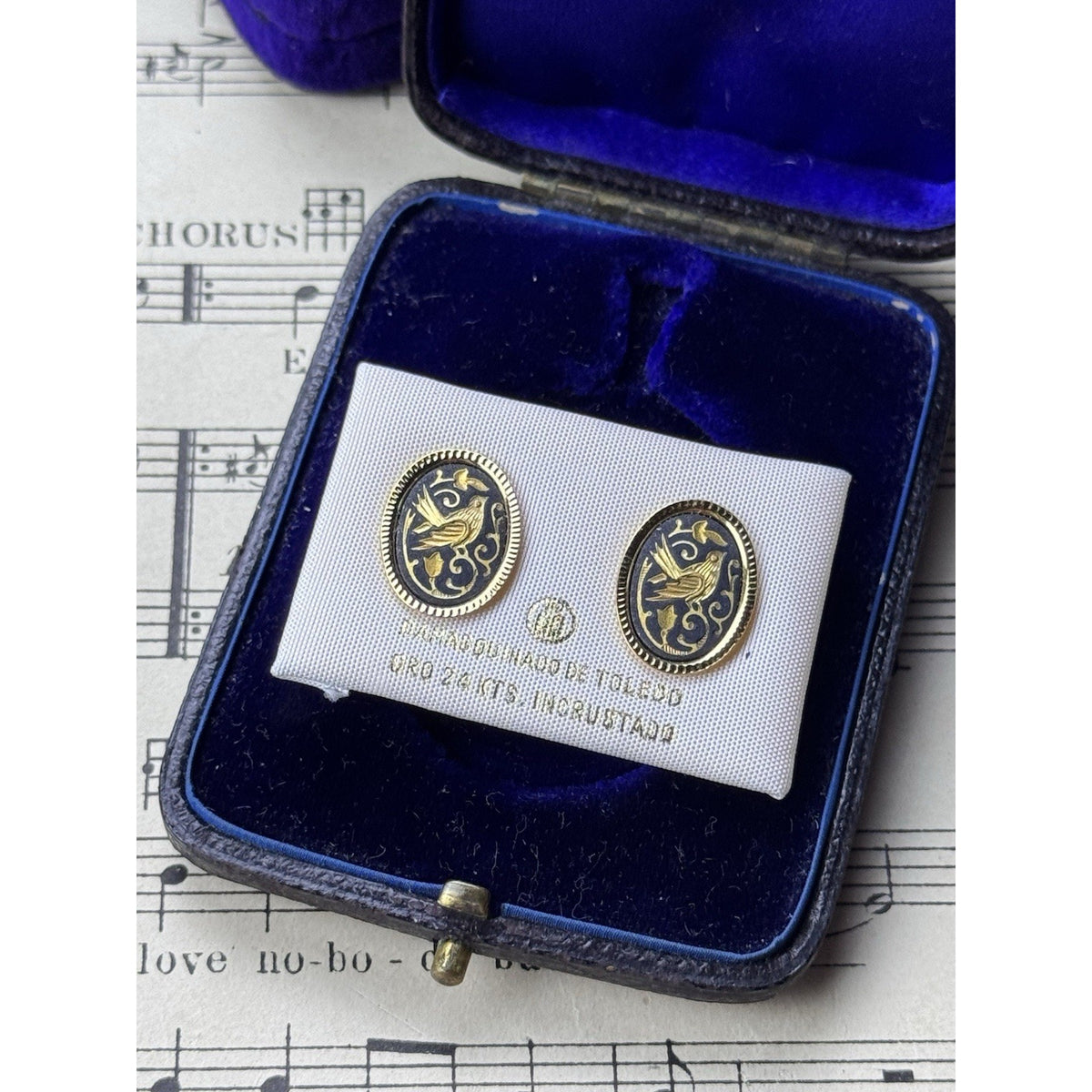 Toledo Damascene Bird Earrings 24K 18K Gold Inlay Spain .75”