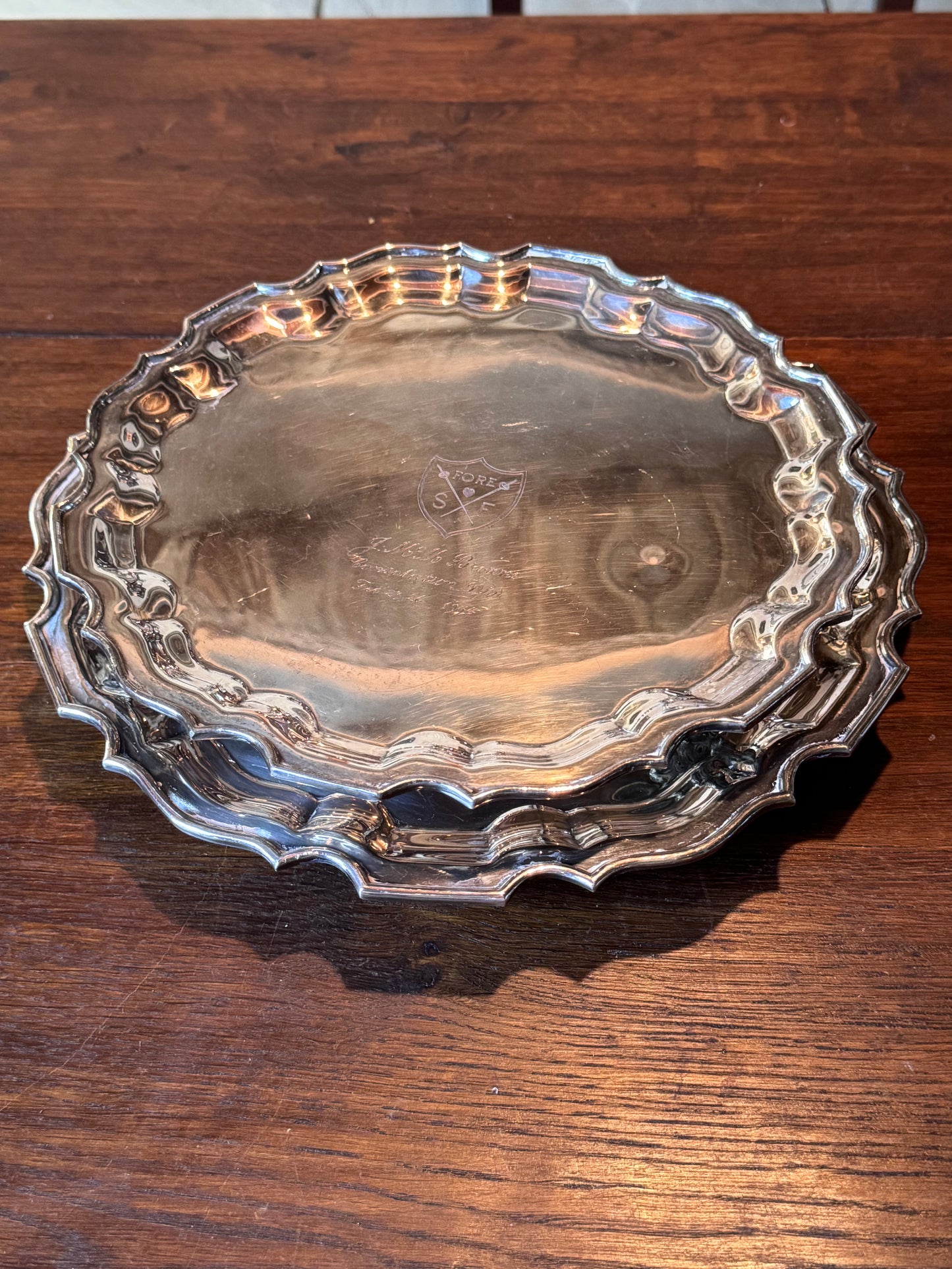 Vintage Silverplate Sport Presentation Salvers Pair 10” & 11.25” Footed 1950s