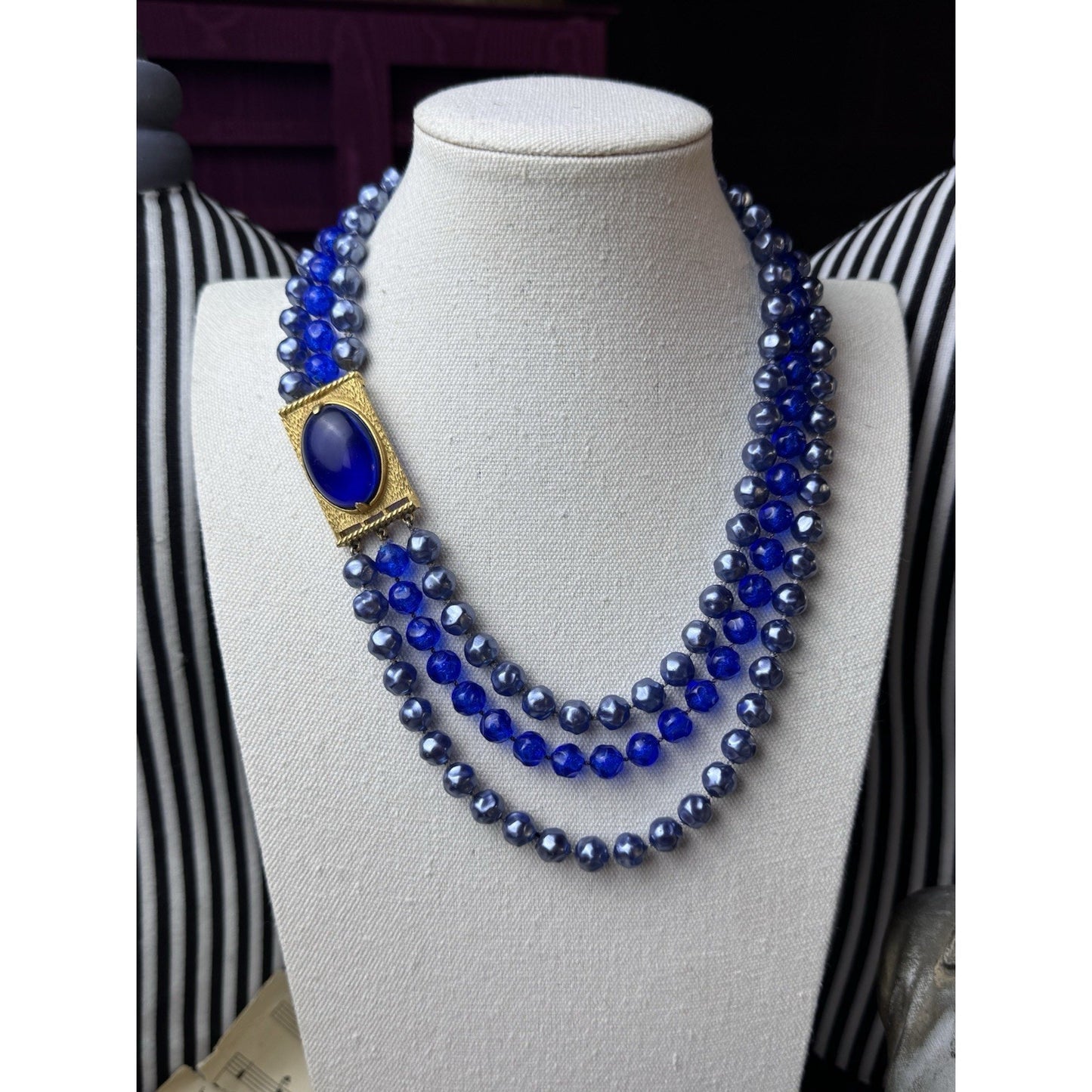 Vintage Blue Lucite Beaded Necklace Goldtone 3 Strand Statement 20”