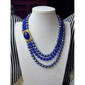 Vintage Blue Lucite Beaded Necklace Goldtone 3 Strand Statement 20”